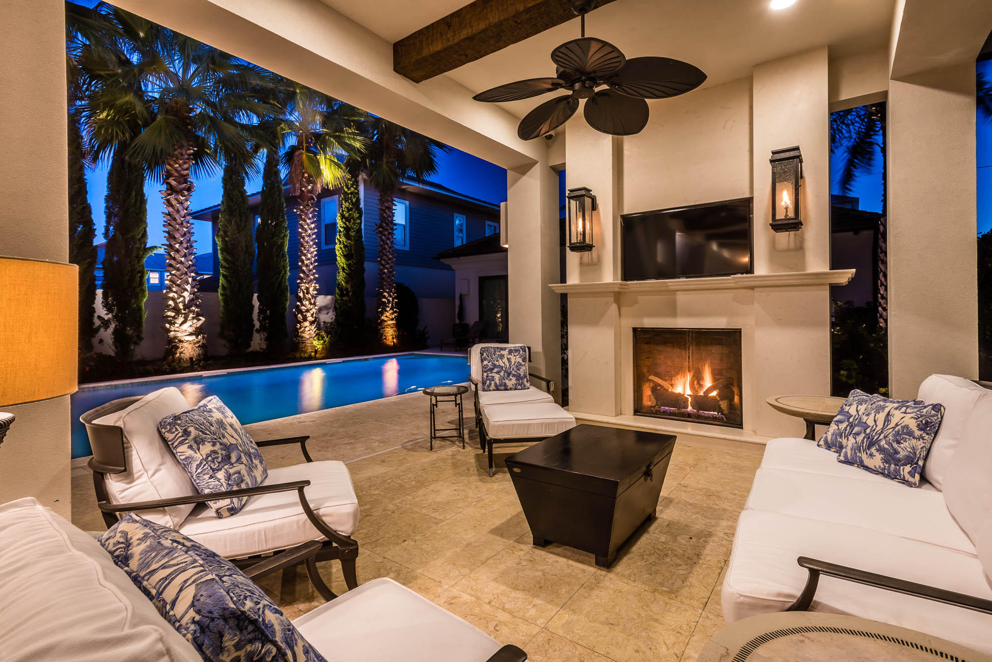 Great Opportunity! This two-story Mediterranean style home has never been rented and is in immaculate condition. Located on a double lot that offers an unbeatable layout with a guest house, large pool and spacious cabana found just two blocks from the beach. The sprawling backyard retreat offers a Tuscan patio kitchen, covered alfresco dining and a large outdoor living space with a gas fireplace and flat screen TV. Accented with stately exposed-beams and made for entertaining, this extension of the home is perfect for hosting large family gatherings and offers a great place to enjoy the next big game poolside. Soaring 10-foot ceilings greet you as you enter the professionally decorated open concept great room with tile flooring and plantation shutters throughout.