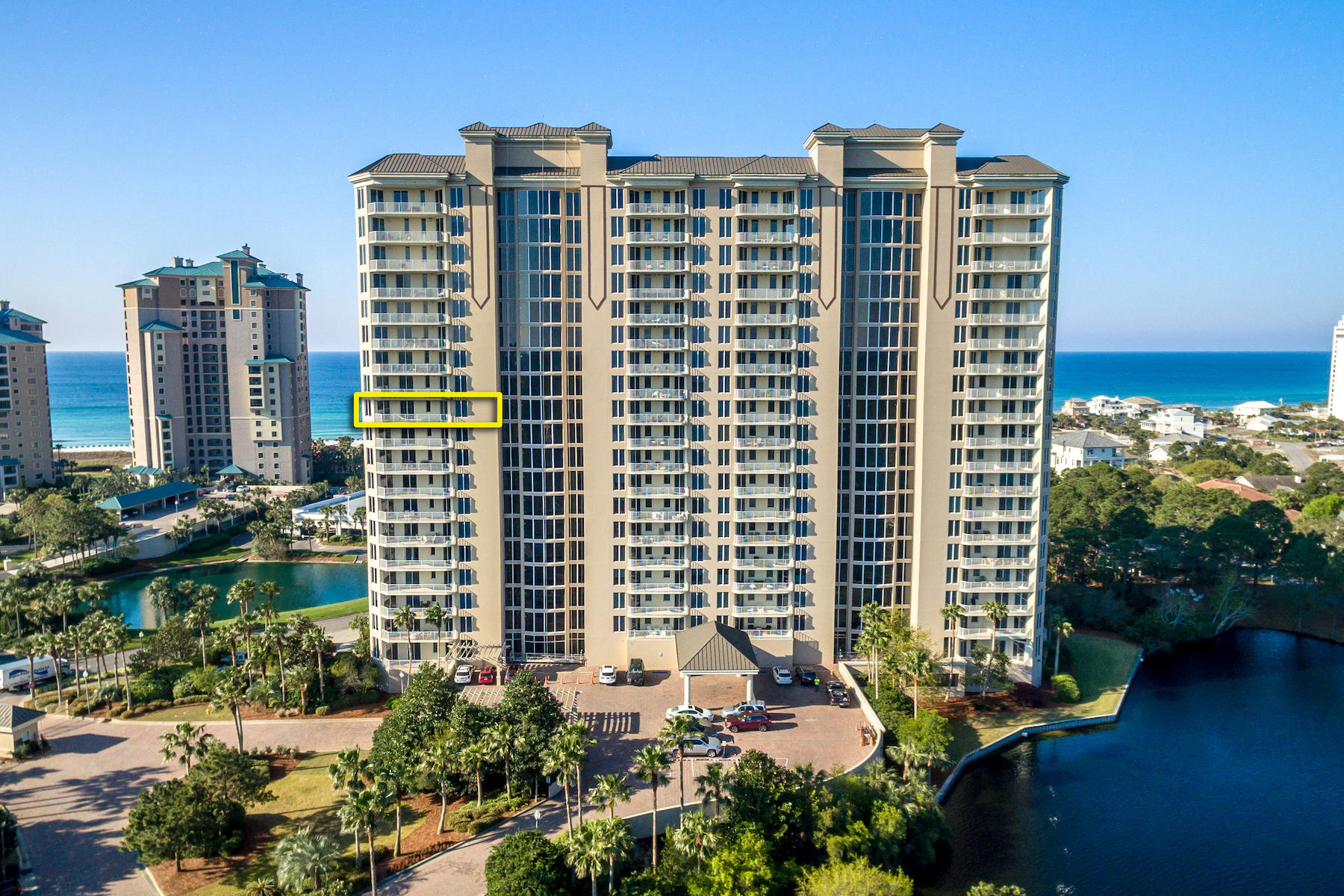 JUST REDUCED!! Stupendous views! This gorgeous residence offers nearly unparalleled, wrap-around vistas from every room of its 12th floor, end-unit position and from its extensive decks! From the comfort of your private residence, enjoy the beauty of the sparkling waters of the Gulf of Mexico, Choctawhatchee Bay, Sandestin Beach and Golf Resort's lakes, golf courses and lush landscaping, sunsets, sunrises, and weekly firework displays in season!This impeccable unit was extensively upgraded by the current owners in 2015 and following. Improvements include new kitchen counters, sinks, backsplash, and new Miele dishwasher; the installation of a bar in the hallway; polishing of the travertine floors; new carpet in bedrooms; custom shutters;