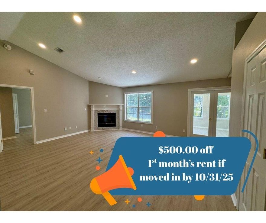 $500.00 off 1st month's rent if moved in by 10/31/25. Beautiful Lakefront Home in Lake Charlene East! A short commute to Pensacola NAS, this spacious brick home offers 4 bedrooms, 2.5 baths, and 2,423 sq. ft. of comfortable living. Nestled in a peaceful community on a picturesque lakefront lot, it's the perfect blend of convenience and tranquility. Inside, you'll find an airy, open floor plan with a cozy fireplace, a bright kitchen, a formal dining room, and dedicated office space. The climate-controlled Florida room provides year-round enjoyment with relaxing lake views. Rent includes lawn care for added convenience. Dogs upon approval, no smoking, no vaping.