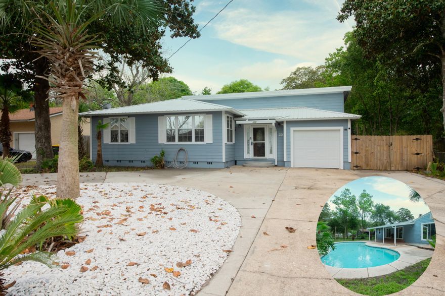 Renovated Florida Cottage Style Home with Saltwater Gunite Pool! Stunning stained hardwood flooring throughout to capture this homes character. A total of 3 full size bedrooms and a smaller bedroom that is used as an office space. This home has been renovated to create a wide open living room, dining room, kitchen and foyer space. You will love the creative touches throughout. The outdoors space is perfect for relaxing & entertaining. In ground salt water kidney pool placed just outside a spacious covered patio leaving tons of back yard space. Exterior also includes, circle driveway, easy maintnance landscaping, large workshop, fenced in back yard, lawn pump & sprinkler system. Just steps from garniers beach a local park with deeded beach access, fishing, boat launch & playground.