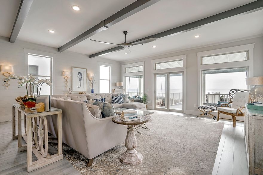 'Kiwi Kastle' is a remarkable gulf front home in the highly sought after community of Water's Edge. This small gated community South of 30A is located just steps from Rosemary Beach, ALYS Beach, and Seacrest Beach. This home, with its own gulf front private pool,  captures the elegant backdrop of the white sand beaches paired with emerald green waters of the Gulf of Mexico. On the first floor, you will find 4 bedrooms: a Gulf front Master with French doors leading to the pool, 2 King bedrooms, a double bunk room, & a laundry.Second floor has expansive living, dining, kitchen area with stunning Gulf views.The second floor has a large balcony provides both sun and shade for everyone's favorite outdoor relaxing area.