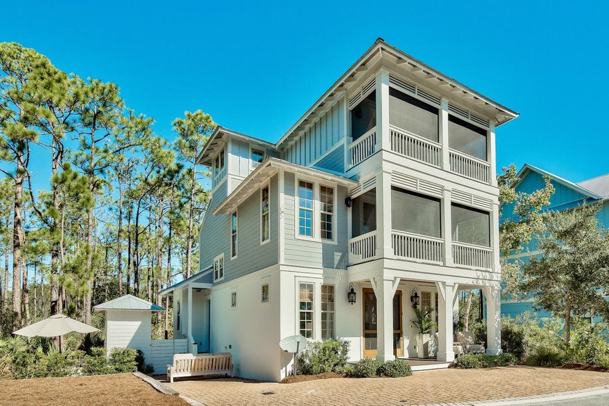 4 bedroom 4 bath 2,307 sqft home in Seacreast Beach with high ceilings, master on second floor with second master on top floor, 613 sqft of covered and screened porches.-Private neighborhood with 2 gated entrances-one from Hwy 98 and one from 30-A . Treetop at Seacrest Beach is a newly discovered gem nestled between Alys, Kia, and Rosemary Beach with deeded beach access. The buildout for this neighborhood is only 79 homesites. Interior Features: granite countertops in kitchen and bathrooms, hardwood flooring in main living areas and upgraded carpet in the 4 bedrooms. Custom bunk beds for 4, new energy efficient A/C units installed 2017, security system, beautiful moldings throughout the home.