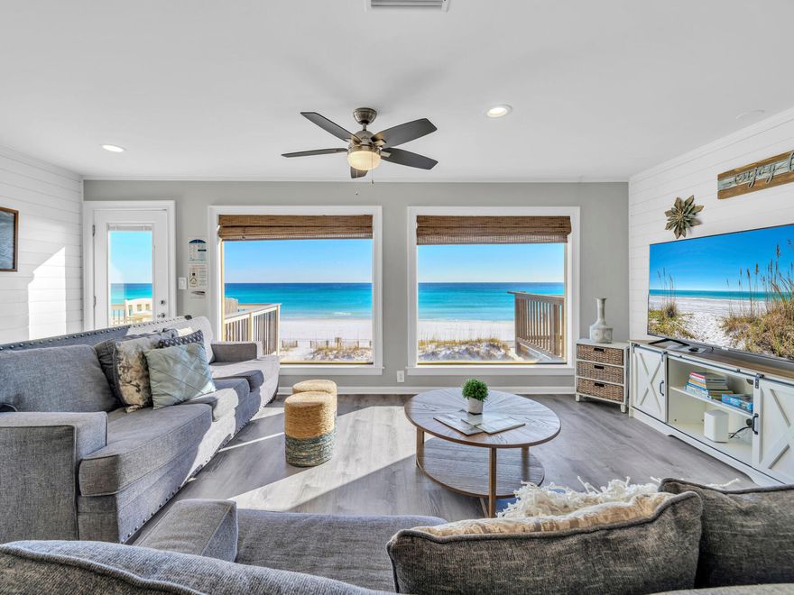 188K 2024 Rental Income & 102K already booked in 2025! Own your personal Beachfront paradise directly on the sand w/PRIVATE BEACH & SECURITY GUARD ( during season)! As opposed to 'beach access', this large end unit townhome includes 37 ft of exclusive, private beach for owners & their guests ONLY.  YOU DO NOT SHARE YOUR BEACH WITH ANYONE!  Its 22 ft extra wide interior (vs.15 ft for other non Green Reef units), end unit location W/15 EXTRA FT WIDE OF DECKING & BEACH, and REAL NUMBERS W/, set this townhome aside from others.  3 Decks, including a GIANT 1008 SF NEW TREX ocean front deck adjoining your private beach, provide stunning views & ocean breezes throughout the home. Renovated in 2022, 2 beautiful kitchens & living areas w/shiplapped walls & LVP flooring, 4BR's & 4 renovated full bathrooms accommodate large groups. Ideal as the perfect short-term rental (STR) investment property, the ultimate 2nd home vacation property, or full-time residence, this powerhouse rental is being sold fully furnished and turnkey.  Forget about hauling your beach stuff across the street, down sidewalks, through buildings or down elevators.  Step directly onto your private beach! ... and no need to walk aimlessly searching for  the perfect spot on the beach, or rise early to secure the best spot on the beach AS THE BEACH IN FRONT OF YOUR HOME IS YOURS ONLY!!!    2-3 year old HVACs, 2-year old HWH & 2-3 year old appliances provide peace of mind.  Complete Home automation w/Smart thermostats, door sensors & security cameras keep utility costs down & provide security.  Located in the heart of Destin, this Gulf front home is in a premier location within walking distance to multiple restaurants and close to grocery stores, shopping & outlet malls, tennis, golf, movie theater, bowling, and much more!"  Due to heavy rental schedule, this gorgeous Home is shown by appointment only.  Act now & secure the private beachfront oasis you've always dreamed of.