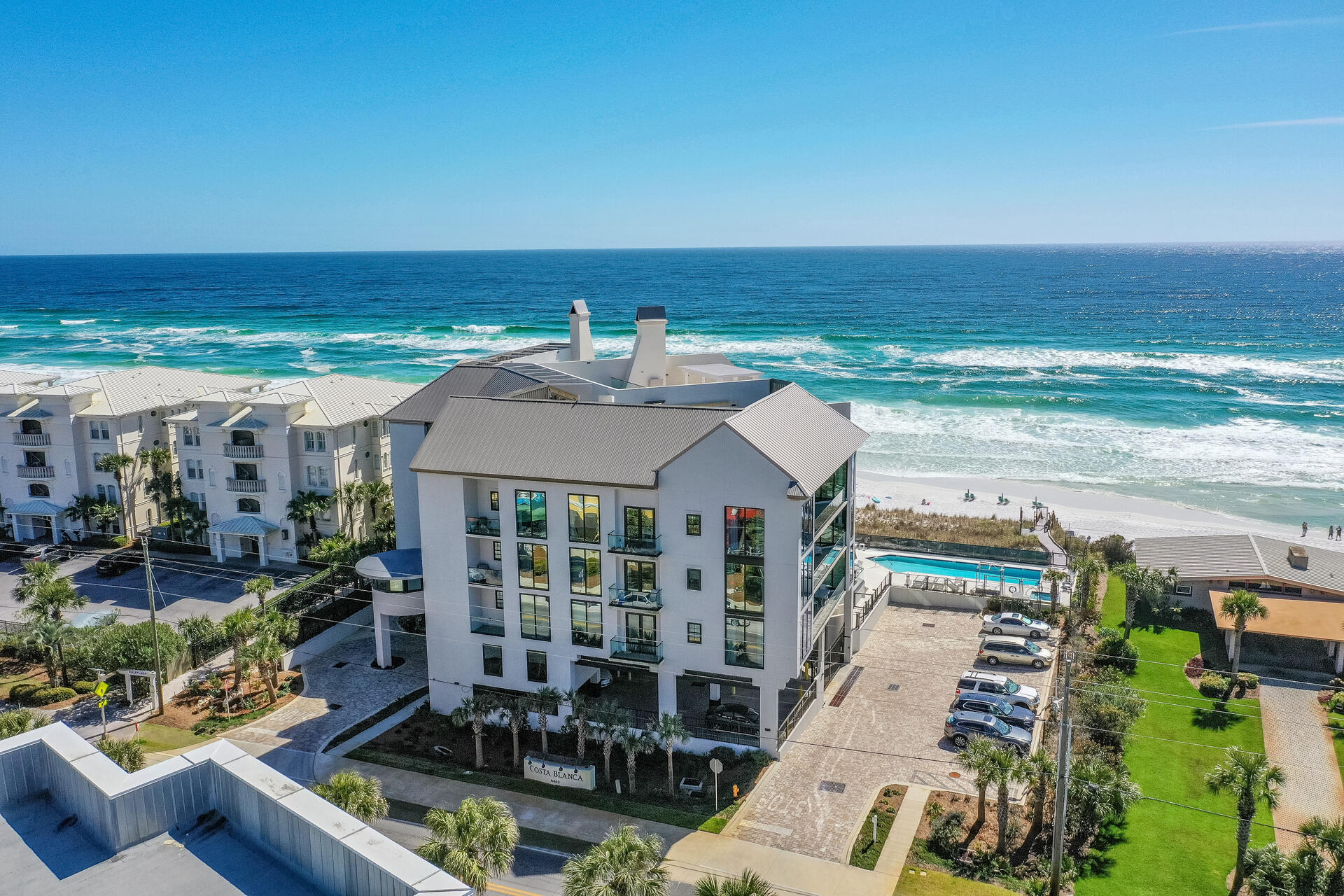 One of a kind gulf front penthouse on 30A with unobstructed views from Destin to Panama City Beach! The private rooftop terrace has a fireplace, pergola, pool deck, and heated plunge pool with amazing views of the Gulf! Unit offers two dedicated indoor parking spaces and a storage unit.  This low density building only consists of 14 units and features a community pool, spa and fitness center. Wonderful opportunity to build out this shell penthouse unit into your own luxury retreat. The original floor plan allows up to 4 bedrooms and 4 baths but this 3416 sqft unit could be built out to your own customized penthouse!