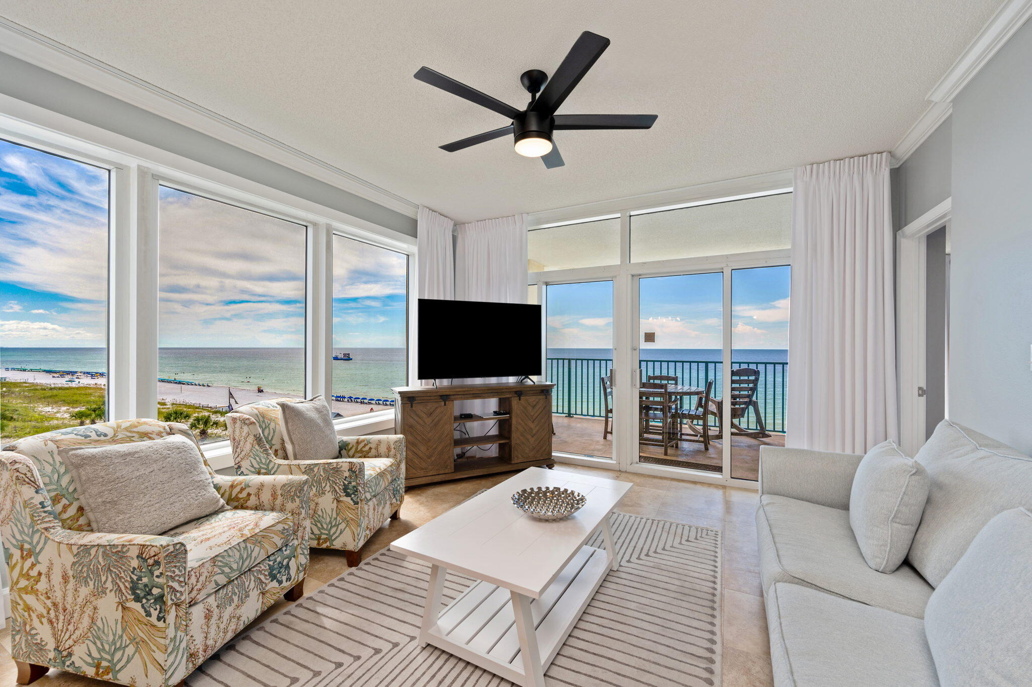 Wake up to the soothing melody of crashing waves and let the gentle lullaby of seagulls serenade you to sleep at night. This magnificent 3-bedroom, 3 bathroom condo, nestled directly on the pristine shores of the Gulf of Mexico, offers an unparalleled coastal living experience with breathtaking views of the renowned Emerald Coast.Boasting a spacious layout, this condo comfortably accommodates up to 8 people, making it the perfect retreat for families and groups of friends seeking a memorable beach getaway. Step out onto the private balcony, and be captivated by panoramic vistas of the azure Gulf waters stretching as far as the eye can see. Watch the sun paint the sky with vibrant hues during sunset, and revel in the tranquility of this idyllic setting.The fully equipped kitchen