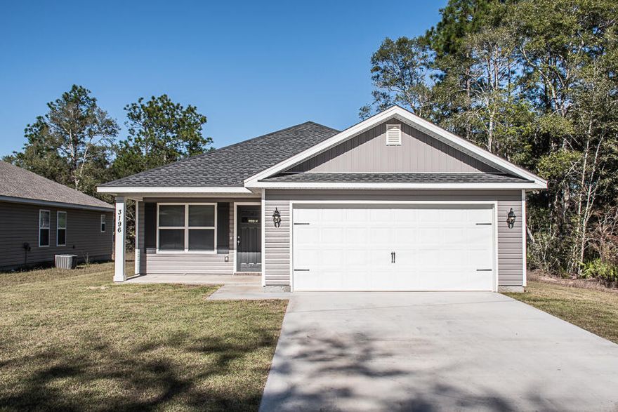 Available now, New home in the Garden City community located in North Crestview has open concept living and great curb appeal.  Covered front porch with 2 car garage on level lot. Neutral colors with natural light.  Spacious rooms, breakfast bar, granite counters, stainless appliance package with fantastic white cabinets.  Nice master suite w/ dual closets and bathroom vanities.  Covered back porch and level yard.  No inside smoking.  No inside vaping.  Pets will be allowed with a $400 non-refundable pet fee and owner approval.  Country living and no HOA restrictions.