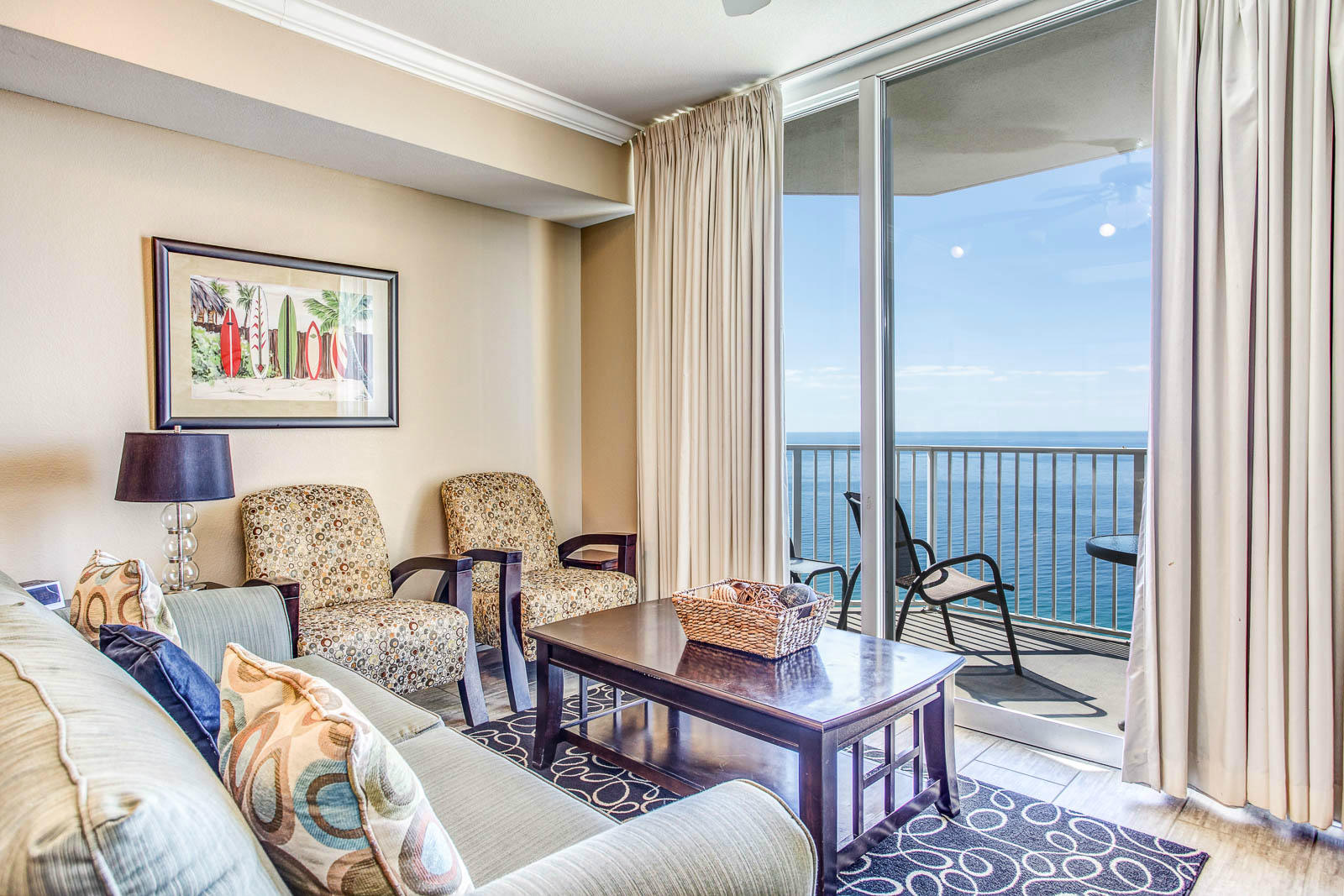 Enjoy one of the resorts with the most amenities in all of Panama City Beach-TIDEWATER! Unit 2016 is a nicely furnished 1br/2ba gulf front condo at this mega-beach resort. A Large storage unit (20-S10) conveys with the unit! Brand New Stainless Steel Appliances! The unit can sleep 6 comfortably with a King bed in the Master suite, a separate bunk room and a queen size sofa bed in the living area. The Kitchen offers granite counters. Unit 2016 is completely tiled through-out allowing for a clean look and easy care maintenance. Custom draperies add to the elegant colors and decor. Two full bathrooms for your convenience. Stunningly excellent 180 degree panoramic views of the sparkling emerald green gulf waters and white sand beaches from sunup to sunrise.