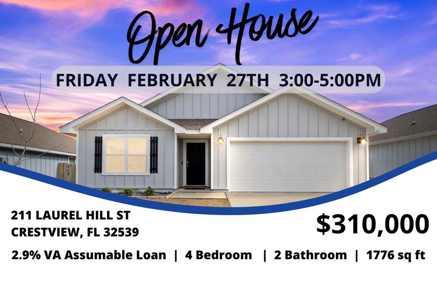 Beautiful 4-bedroom, 2-bath Cali floor plan located in the Shoal River Landing community. Built in 2021, this 1,776 sq ft single-story home offers an open and functional layout designed for everyday living and entertaining.

The spacious kitchen features a large island, stainless steel appliances, smooth-top range, built-in microwave, pantry, and an open view to the living and dining areas. Wood-look flooring runs through the main living spaces with comfortable carpet in the bedrooms. The private primary suite includes a walk-in closet, double vanity, and oversized 5-foot shower.

Enjoy the covered back patio and fully attached 2-car garage. The Hardie plank exterior provides durability and curb appeal. Shoal River Landing offers sidewalks, and a community pool for residents.

This home also features a VA assumable loan at 2.9% interest rate for qualified buyers. 

Conveniently located near Riverside Elementary, Shoal River Middle School, and Crestview High School, with easy access to I-10 and Hwy 85.

Move-in ready and competitively priced.

All information is deemed reliable but not guaranteed. Buyer to verify all measurements and information deemed important