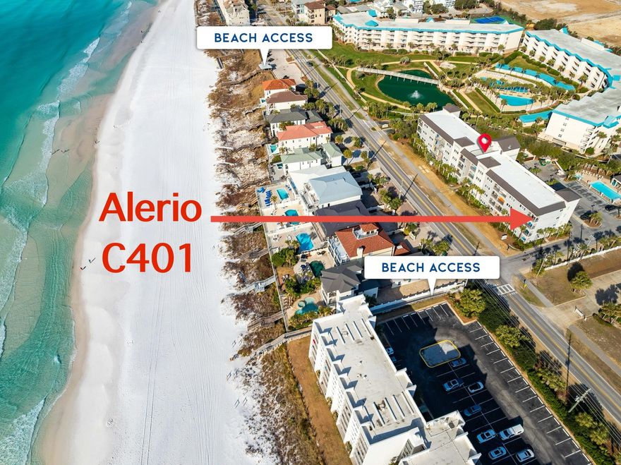 TOP FLOOR END UNIT WITH GULF VIEWS! This vacation rental is being sold fully-furnished in a chic coastal style. Features include: wood floors, 10 foot ceilings, granite counter tops in the kitchen & baths, stainless steel appliances, a stackable washer & dryer, New AC unit in Nov 2024 and a balcony off of the living room with gulf views! The master suite includes a walk-in shower and a soaking tub. The closest beach access is directly across the street from Alerio and a second access is a short 2 minute walk away. The complex is gated, has a seasonally heated pool, a hot tub, outdoor grilling and is within walking distance of Winn Dixie, Surf Hut, Chick-fil-a and the Silver Sands Outlet Mall. Expected Gross rents range from 30K to 50K. Pool is heated from Oct 1 to April 1.