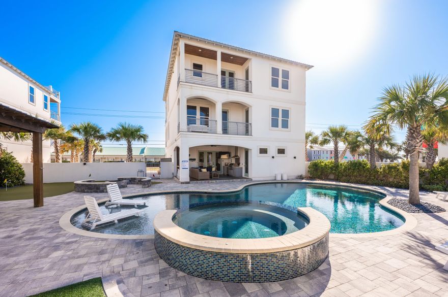 2025 RENTALS ALREADY BOOKED (4-30-2025): $279,000!  Renovated. Updated. Upgraded. No HOA, so low cost to own. Relax: it's time to have fun at the beach! One of the largest lots on Scenic Gulf Dr. Sleeps 28 with king-size en suite bedrooms + 2 bunk rooms. Your private mini resort, vacation fun is built in: plentiful outdoor space; putting green; outdoor kitchen; huge PRIVATE heated pool; hot tub, fire pit, outdoor games. Gulf views from the roof deck plus 2 spacious balconies. Plentiful parking. Blue Whale Is perfect for family fun or rental income. Stroll or golf cart to the beach. Opt to make a stop for drinks or snacks at local favorite Pompano Joe's. Sold fully furnished & rental ready. Please confirm all information.