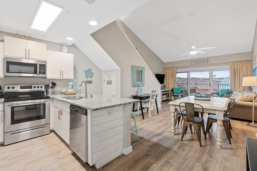 TWO-STORY TOP FLOOR UNIT sleeping 8 at Maravilla. Unit is labeled as 1BR + Mezzanine (Loft) in condo docs, however these units are rented as 3BR/2BA. The primary bedroom and bath are located on the first floor. 2nd floor is a loft bedroom, updated bathroom with large shower, and 3rd room furnished with two twin beds. Maravilla is gated and continues to be one of the most popular FAMILY and PET-FRIENDLY communities in Miramar Beach.  Amenities include PRIVATE BEACH ACCESS WITH 2.5 ACRES  of white sand & beautiful turquoise water; 33 acres of land for biking, jogging, & walking; two pools & a hot tub; tennis and pickleball courts; shuffleboard, basketball, fitness room, & a clubhouse. This unit is well decorated with the beach in mind. Nothing has been left out. First floor living area has