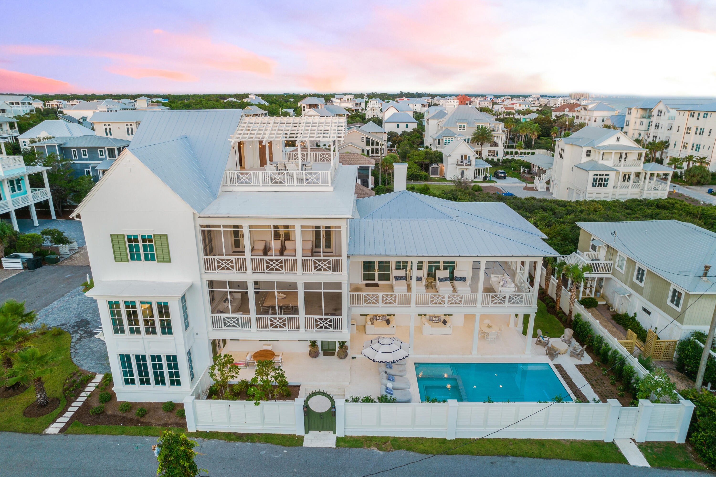 Welcome to 16 Kirkwood Place, a brand new build located in the beautiful neighborhood of Inlet Beach on the east end of 30A! This home is situated perfectly right next to Alys and Rosemary Beach, near restaurants, shopping, and live entertainment. And, every necessity and amenity is only a short bike ride or stroll down 30A. Filled with high-end furnishings this home is perfect for both couples and larger families, and would make an excellent primary home or even a lucrative vacation rental! Breathtakingly beautiful, this 6 bed, 6 bath home features stunning, forever Gulf views and a rooftop deck. Located on a larger lot, the home offers a luxurious, sprawling almost 7,000 square feet.