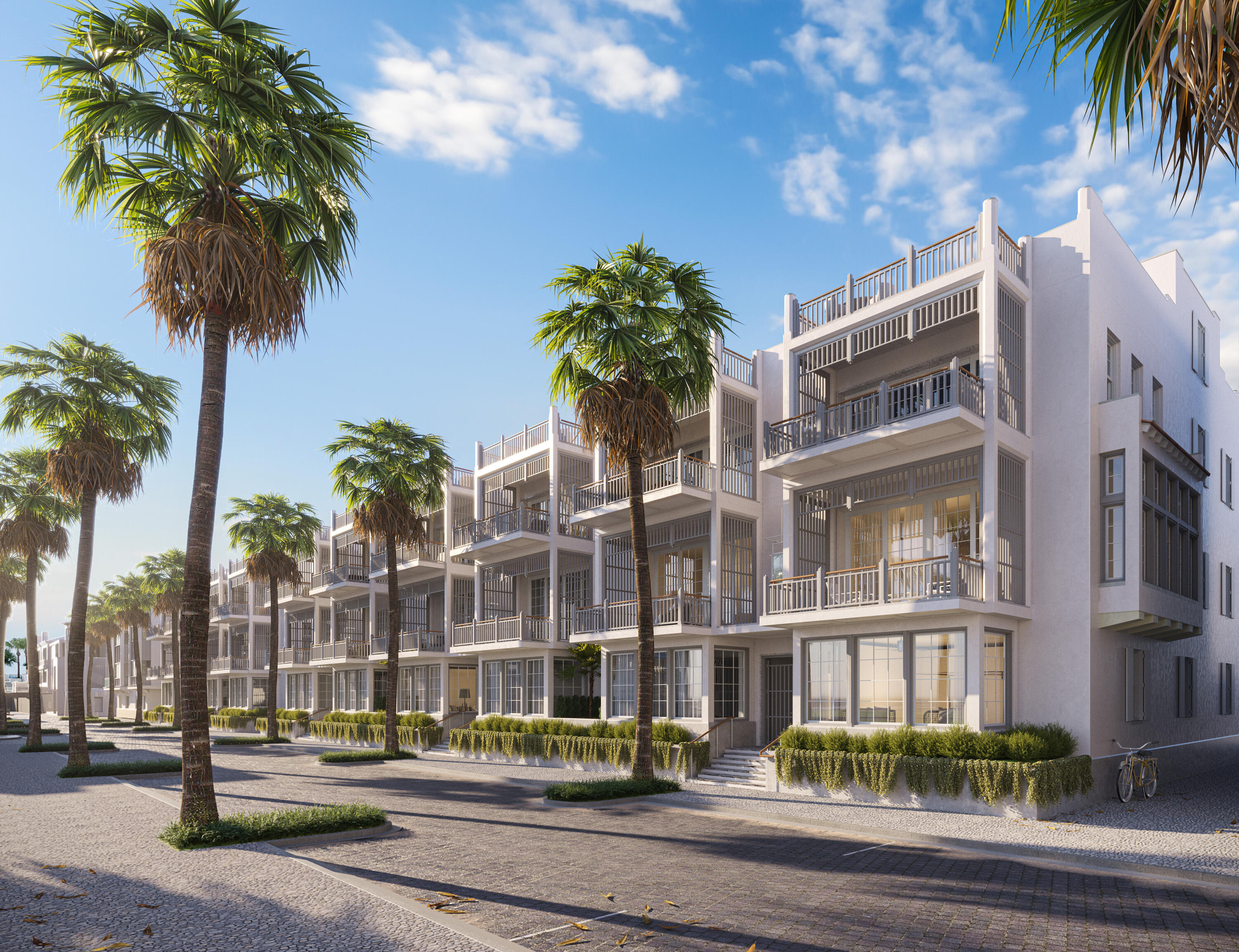 Lining Alys Beach's 'Main Street' leading from its town center to the Gulf of Mexico, Somersisle Terrace occupies a prominent place between the retail and resort offerings at either end. As such, it is modeled after the grand Terrace Rows of Georgian London, rising four stories above an elevated stoop and landscaped dooryard. Second floor living affords Gulf views from the front porch and balcony, while an elevated loggia, court and pool on the west side enjoy the western sunset. Four-bedroom suites are distributed on three floors with the principal suite, on the third floor, afforded its own private porch and balcony above the common one below. Above it all, a generous fourth-floor eastern terrace forms an outdoor living room while a western one offers alfresco dining before the setting sun. Both enjoy sweeping panoramic views overlooking the town and Gulf". - Khoury Vogt Architects
Designed by Khoury Vogt Architects, the custom designed Somersisle Terrace will deliver 10 total residences with interiors finished by Khoury Vogt Architects, each with four bedrooms plus media room. The initial offering will consist of two Somersisle Terrace residences.
