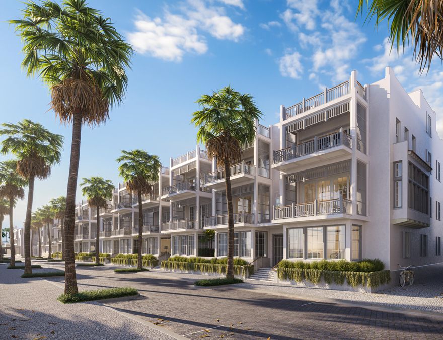 Lining Alys Beach's 'Main Street' leading from its town center to the Gulf of Mexico, Somersisle Terrace occupies a prominent place between the retail and resort offerings at either end. As such, it is modeled after the grand Terrace Rows of Georgian London, rising four stories above an elevated stoop and landscaped dooryard. Second floor living affords Gulf views from the front porch and balcony, while an elevated loggia, court and pool on the west side enjoy the western sunset. Four-bedroom suites are distributed on three floors with the principal suite, on the third floor, afforded its own private porch and balcony above the common one below. Above it all, a generous fourth-floor eastern terrace forms an outdoor living room while a western one offers alfresco dining before the setting sun. Both enjoy sweeping panoramic views overlooking the town and Gulf". - Khoury Vogt Architects
Designed by Khoury Vogt Architects, the custom designed Somersisle Terrace will deliver 10 total residences with interiors finished by Khoury Vogt Architects, each with four bedrooms plus media room. The initial offering will consist of two Somersisle Terrace residences.
