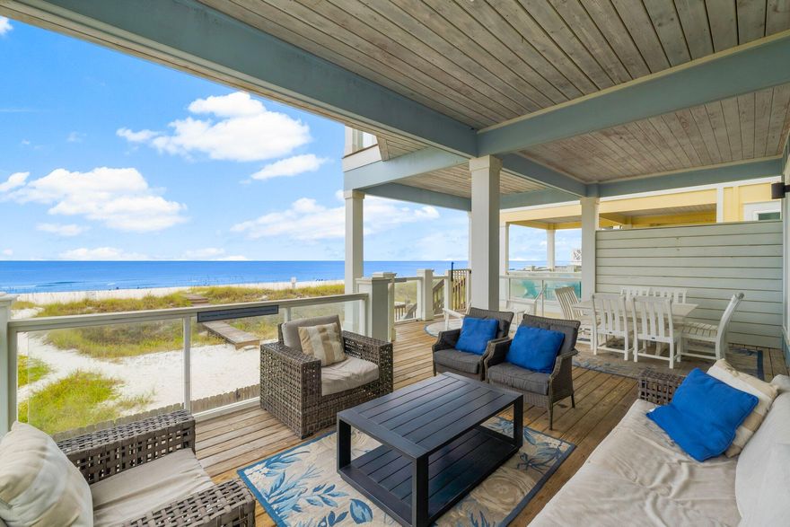 9716 Beach Boulevard, this Gulf-Front is a true masterpiece boasting over $345,000 in rental income for 2024 and on track to be at over $300K for 2025 (based on actuals)! With 3,400 square feet of beautifully designed living space, this 6-bedroom, 6.5-bath residence comfortably accommodates up to 20 guests, making it a lucrative rental opportunity and an ideal family getaway. As you step inside, you'll be greeted by architectural elegance, featuring high ceilings, built-ins, and sleek concrete floors. The exquisite lighting, including chandeliers and recessed fixtures, creates a warm and inviting atmosphere throughout the home. The chef's kitchen is a culinary dream, equipped with a breakfast bar, electric stove, cooktop, dishwasher, and refrigerator, all designed for seamless entertainin The open layout enhances the flow of the space, making it perfect for gatherings.Step outside to your private oasis, complete with a below-ground pool, a balcony offering stunning endless water views, and a cozy private patio. The fenced backyard is ideal for outdoor gatherings with a dedicated barbecue area. Located within a short distance to world famous restaurants, shopping, and entertainment venues! Experience the best of coastal living in this exquisite property. Schedule a viewing today and make ''Blue Heaven'' your dream home!