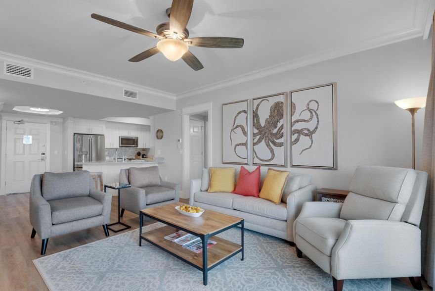 This fabulous 8th floor condo has just under gone a total remodel to include: GE Cafe Appliances, LVT flooring throughout, Cambria Quartz counter top, counter height Bar, new fixtures, outlets, fans, faucets, Carrier A/C unit with all duct work cleaned and sealed, custom cabinets throughout, entire condo painted including walls, trim, & ceilings, crown molding throughout with door casings replaced, shiplap accent walls in bedroom, bath, and dining areas. In addition, there are all new furnishings, window treatments, art, accessories, kitchenware and linens. This fabulous condo is totally move-in ready. This floor plan is a very popular short-term rental and has the potential to produce an excellent return on investment. St. Lucia is the newest, short-term rental capable building at