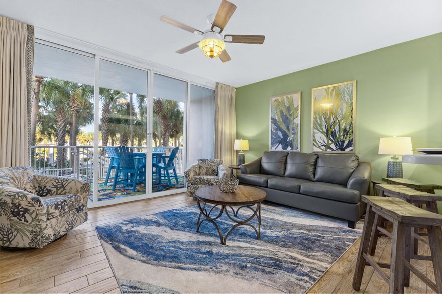 Embrace the ultimate beach lifestyle in this beautiful condo, offering direct access to both the beach and the Bay. This spacious unit features a large en suite bedroom, a charming bunk area with a full bathroom, and an open kitchen that seamlessly flows into the living room. 

Step outside onto the covered private balcony, where you'll be treated to stunning views of the Lazy River lagoon pool—perfect for relaxation. From the balcony, you'll have easy access to all the Bayside amenities, enhancing your daily living experience. Additionally, this exclusive property includes a generous private garage, perfect for storing a vehicle, beach gear, and water toys. 
Destin West is a well-maintained resort that offers many amenities from both the Gulfside and Bayside. This condo is ideal for a beach getaway or as an investment property, offering both luxury and rental potential. Sold fully furnished, rental ready & sellers will contribute $5,000 towards buyers closing cost!