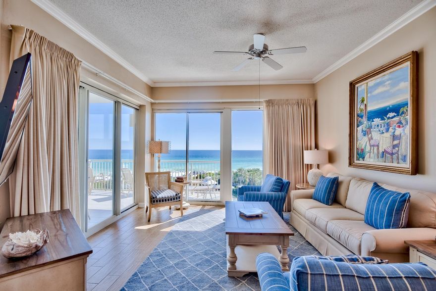 Phenomenal opportunity to own a Gulf front 3BR/3BA fully furnished PENTHOUSE unit at The Crescent! You'll enjoy prime views of the Gulf of Mexico from this 4th floor. Top floor units are rarely available and feature higher 10 foot ceilings. This unit was just updated with beautiful new tile flooring throughout the main living areas & bathrooms, updated lighting, granite countertops, updated living area furniture and a stunning new master bathroom! The open floor plan gives the unit a nice flow & true pride of ownership is apparent with every detail. The crown molding adds an elegant touch. The kitchen is generous in size & features ample cabinets, granite countertops & breakfast bar, stainless steel appliances and pantry for added storage. Do not miss out on this incredible penthouse unit!