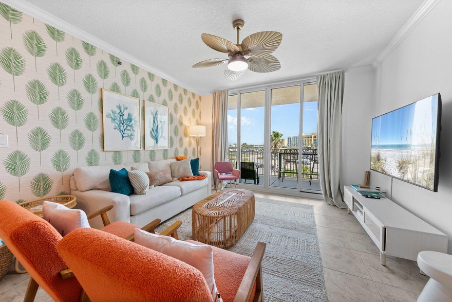 NEW PRICE!! Ooh La La Jazzy Modern Delight! 3rd Fl 100% Remodeled Gem! A beachy colorful chic condo in the #1 popular FUN Family Beach Resort! Sprawling 1,292sf- Quiet Eside 2br/2.5ba +bunks. A333 features retro vibes, fresh paint, w/wallpaper to die for, new lighting. Improvements: All paint, wallpaper, all furniture and decor, tvs, all light fixtures/ceiling fans, all sinks and bathtub fixtures, countertops, -all >than a year old. Waterscape is 1 of THE BEST of the Emerald Coast! $70k+ income fr Oct'24-Aug.10,25! Sleeps 8 comfortably. Coastline views of sparkling Gulf/beach waters. LR+Both br w access to private balcony; Owner storage. Park by front door. WOW style amenities: 490' beach, LazyRiver, 2 hot tubs, TikiHut, 0-edge pool, 10' waterfall, kiddie playpark, fitness & so much more!