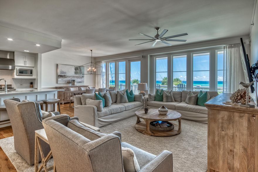 The stunning turn-key condo is located on the third floor at the prestigious WaterSound Crossings, offering 3 bedrooms, 3 bathrooms and 1980 square feet of living area providing endless water views over the Gulf of Mexico.The well-appointed great room has an oversized balcony providing a fantastic area for entertaining, evening cocktails or morning coffee. A superb open style kitchen with wine cupboard, suite of stainless-steel appliances and oversized center island is every cook's dream. The family-style dining area sits adjacent to the kitchen lined with a wall of windows with stunning water views. Finishes throughout the home include stunning hardwood flooring, elegant wainscoting, oversized windows, tile, and custom cabinetry.The Master suite offers a private retreat with sitting