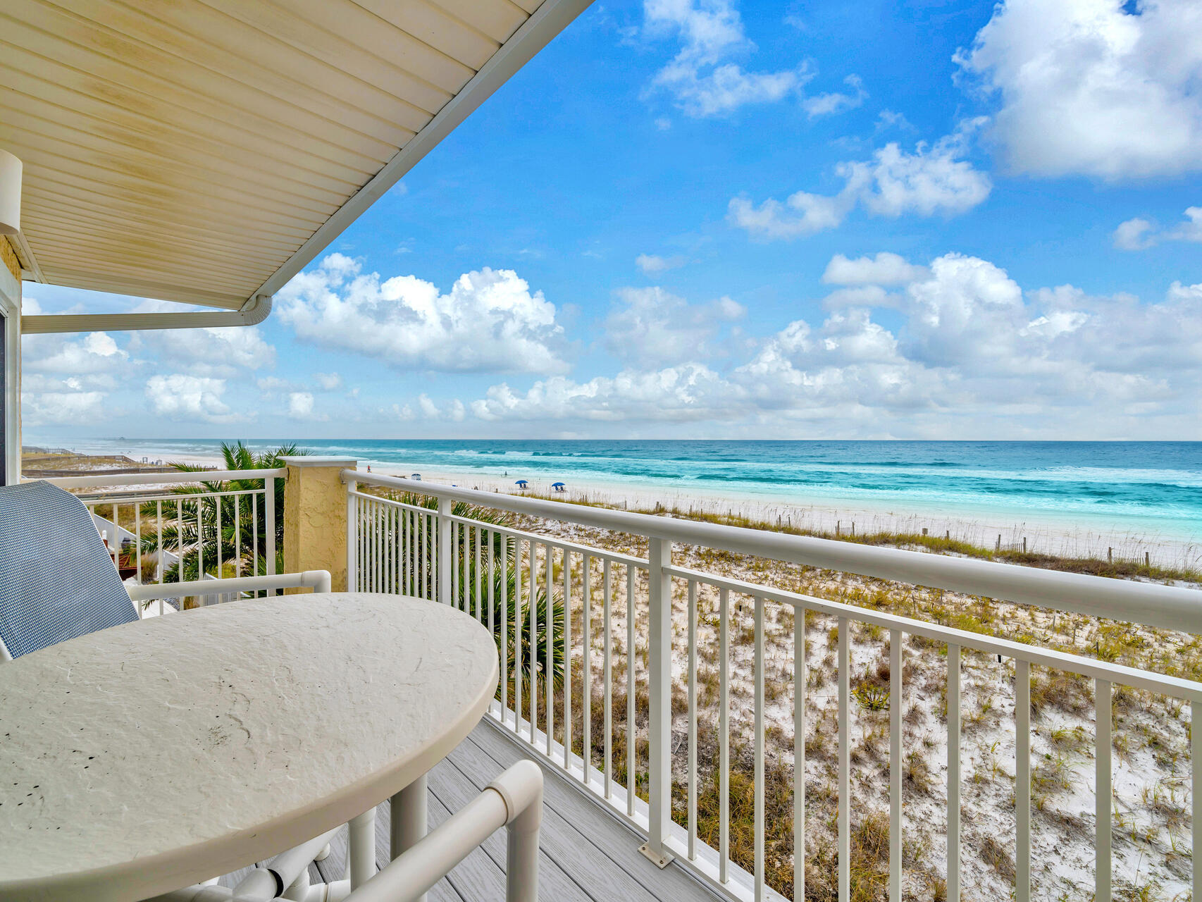 Welcome to your personal paradise! This stunning 1-bedroom, 1.5-bath condo on Okaloosa Island offers breathtaking Gulf-front panoramic views that will take your breath away. Step inside to discover elegant decor and impeccable upgrades throughout. The kitchen features brand-new white cabinets and beautiful countertops, designed to inspire your culinary adventures. The flooring is perfectly suited for beach living, combining style and practicality.The spacious bedroom includes two closets and a convenient half bath, complete with a new sink. The primary full bath showcases a modern vanity and a stylish tiled shower for a touch of luxury.The family room is generously sized, providing an inviting space for relaxation, watching TV, or enjoying meals at the dining table or (MORE) kitchen bar. Step out onto the balcony, where you'll want to linger and savor your morning coffee or evening cocktails while soaking in the stunning views. 

This condo is the ideal retreat for those seeking both comfort and coastal charm. Don't miss the opportunity to make it your own!
New AC, front balconies, new boardwalk, tiled shower, new vanities, new granite, newer cabinets, new flooring, and more