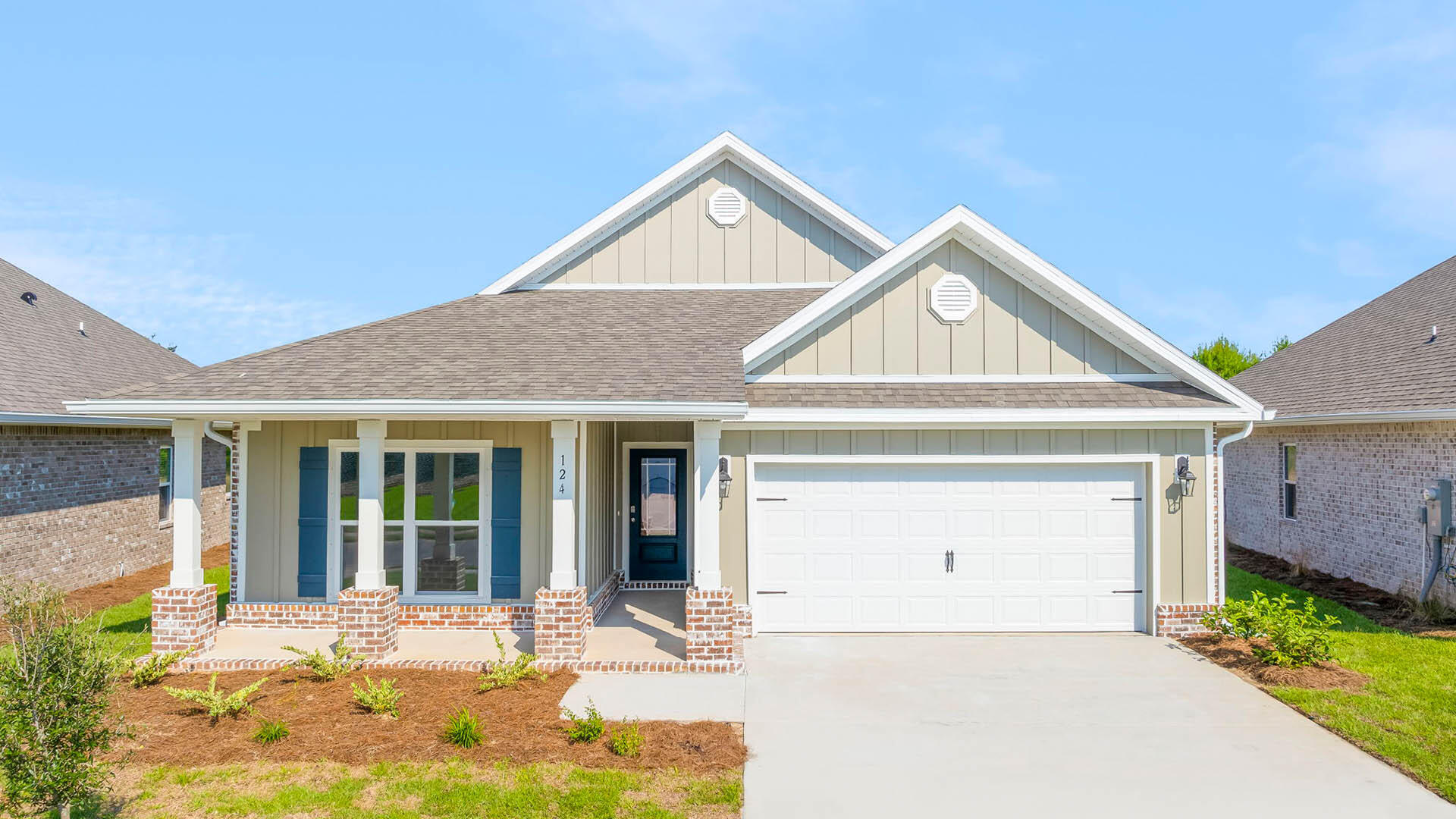 Welcome to124 W Gray Owl Drive, a new home at Owl's Head Farms in Freeport, Florida. This home is ready for move in and features a covered front porch. Inside you will find a foyer and hall leading to a light-filled open-concept living area with 9' ceilings. The kitchen impresses with quartz countertops, undermount single basin sink and a dedicated water filter faucet. Whirlpool stainless steel appliances, and a large center island with bar seating overlooks the great room. Brushed nickel fixtures are throughout the home and include a lifetime warranty. Adjacent to the kitchen is the dining area perfectly positioned for meals and gatherings, while the living room's wide layout invites relaxation and socializing. The primary bedroom, set at the back of the home, offers a serene escape with a luxurious bathroom featuring a double vanity, a walk-in shower, and two generously sized walk-in closets. Three additional bedrooms and a full bathroom are in a separate area, ensuring privacy for family or guests. You'll find EVP flooring throughout the main areas of the home, allowing for a seamless transition and carpet in each bedroom.
Rounding out the home is an oversized covered back patio, ideal for enjoying Florida's sunny days, and a convenient laundry room.