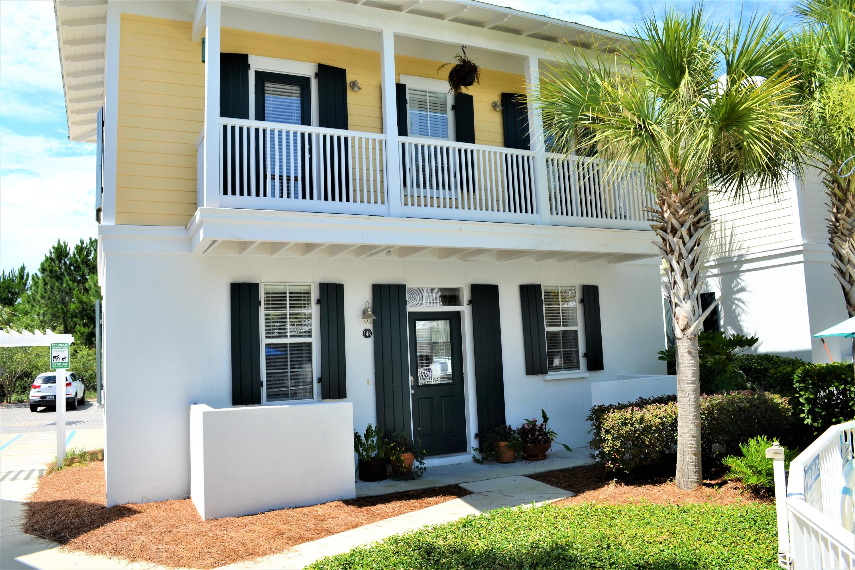 Charming Florida cottage in Bungalows of Seagrove. Kitchen, dining, living area and powder room downstairs, 2 bedrooms upstairs with private baths and balconies. Unit 148 overlooks one of the two community pools. Planned community of single family homes includes 2 pools, hot tub, beautifully landscaped grounds with adjoining lake & abundant parking spaces. Restaurants, shopping and bike rentals just a couple of blocks away. Beach access is directly across from Somerset Bridge Rd. A great place for rentals or your own vacation get-away!