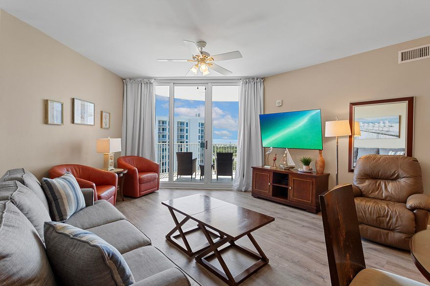Enjoy beautiful Gulf and pool views from this 10th floor unit!! This unit would make a wonderful Vacation, Primary or Rental location. The unit comes Fully Furnished and ready to use! The living room and Master Bedroom both have Gulf and pool views! The Palms of Destin has an onsite Restaurant and Bar along with  Fitness Center, Pickle ball, Tennis,Playground, Covered Parking. HOA Dues Include Electricity,Water, Cable TV, Internet and Insurance. All measurements are approximate and should be checked by buyer.