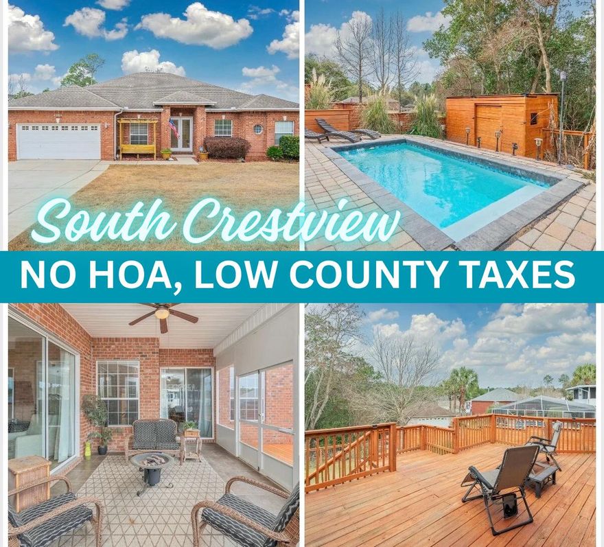 SOUTH CRESTVIEW! Great BACKYARD with POOL and wooded privacy buffer behind! FIREPLACE! The Massive back deck and a Screened in back porch allow for Florida living at its finest! This impressive home features 4 bedrooms plus an office, a separate dining room, 3 full baths (one that opens to the screened porch) and TWO living areas. The kitchen features stainless appliances and gas range. The main living room is anchored by a gas fireplace flanked by lighted built-ins. The split bedroom floor plan thrives everyone their privacy, and the primary suite has a private access to the screened in porch, 2 walk in closets, and a large en-suite bathroom with separate shower and jacuzzi tub. The elegant 8 ft arched openings and tall ceilings  truly elevate the space.The garage features a Tesla charger If you are tired of seeing "cookie cutter" homes with high HOA dues, you want to AVOID higher city taxes, this unique property will check ALL your boxes! The location is super convenient to area bases and beaches, county zoning provides for lower taxes, and there are NO HOA fees! The fenced backyard features a wide double gate to easily store your "toys", a custom built yard barn for storage, beautiful landscaping with decorative pond fountain, irrigation system, and outdoor solar lighting! The roof was replaced in 2016 so PLENTY of life left without insurability concerns! Call to schedule your private showing today! 