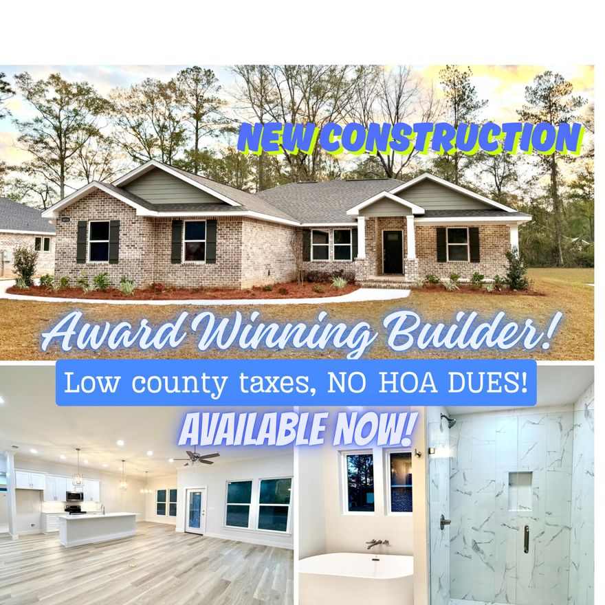 Brand New Construction! Award Winning Builder! NO HOA! LARGE FLAT LOT! HURRICANE RATED WINDOWS and DOORS!This all brick QUALITY built home is available now and ready to impress. The added touches , trim work, and quality finishes let you know right away this isn't a mass produced cookie cutter home. The open concept floor plan has a great flow and really maximizes space. NO carpet in the home, LVP flooring and tile throughout.The kitchen features island with farmhouse sink, cabinet bases with soft close full extension drawer bases and beautiful wood cabinetry. Some of the Upgraded features include cabinetry in laundry room, board and batten wall trim in the master bedroom and entryway,