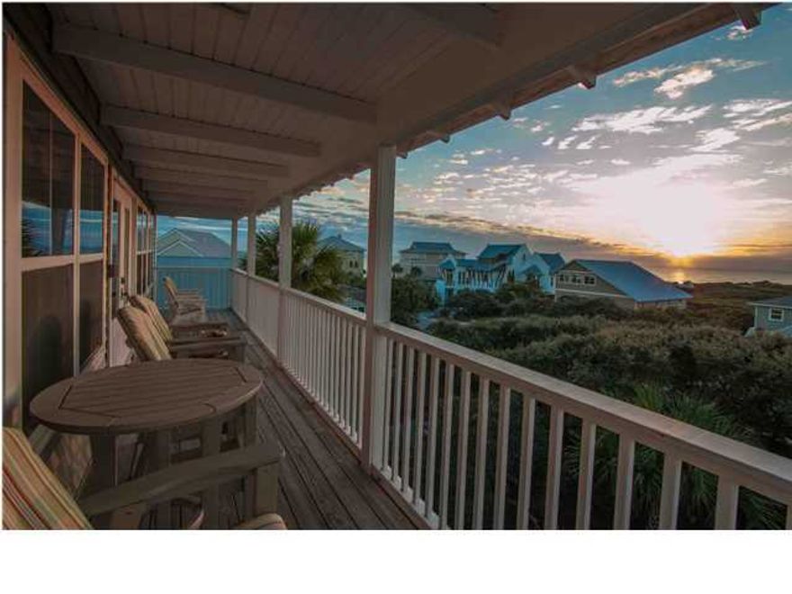 Spectacular Gulf views! Close to the Gulf and across the street from the State Park bordering Gulf Trace to the West, this home is a must see. Features include large lot, heated swimming pool, beautiful interiors and fantastic rental history. Wide plank reclaimed white oak floors throughout. First level features three bedrooms with 12 foot ceilings. Master bedroom with attached master bath with double vanity and shower/tub. Second bedroom also has a king size bed & closet. Third bedroom features built-in queen bunk beds with individual TV's, and spacious closet. Second level featuring open kitchen, dining, and great room make this a wonderful place to entertain and relax. Exterior porch on this level spans the length of the house and expands the living space with gorgeous gulf views.