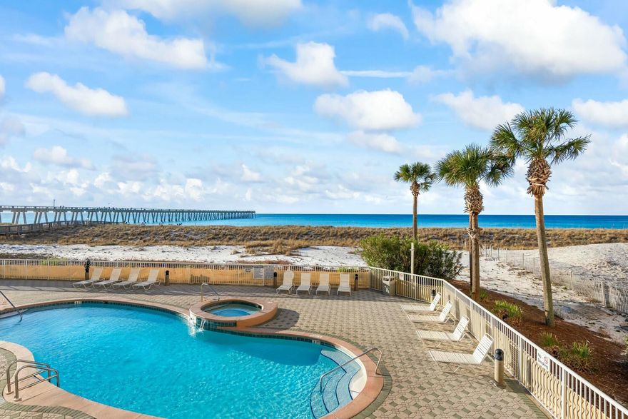 Impeccably maintained and updated, this fully furnished Gulf-front condo offers the perfect blend of comfort and style. This 3-bedroom, 3-bath corner unit features soaring 12-ft ceilings and a spacious wrap-around balcony, ideal for both relaxation and entertaining. Floor-to-ceiling sliding glass doors in the living area provide breathtaking views of the crystal clear Gulf waters. All new tile floors have been installed throughout. The kitchen boasts all new cabinets and hardware and is equipped with stainless steel appliances, granite countertops, and a pantry for added convenience. A new full-size washer and dryer make laundry a breeze. The master bedroom, with direct balcony access, features new porcelain wood-like tile flooring and a walk-in closet. The en-suite master bath includes a double vanity, garden tub, and a separate shower. All bathrooms have been updated with brand new vanities, countertops, sinks, and faucets. Memory foam mattresses ensure a restful night's sleep. All furniture has been updated and is less than 2 years old. New AC unit 2024. The unit comfortably accommodates 6 to 8 guests. Located on the amenity floor, this condo is just steps away from the general store and fitness center. It also overlooks one of the three pools, with the heated pool rotating annually.
