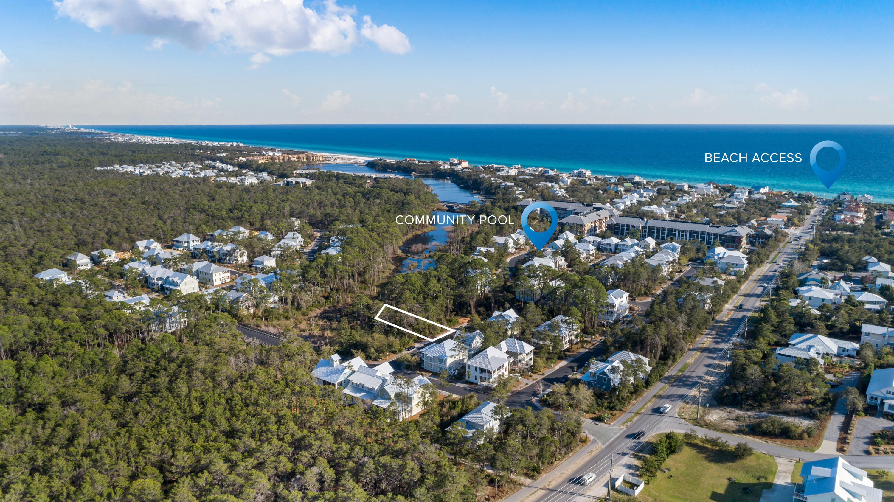 Large lot in super nice neighborhood just a short bike ride or walk to beach access at Blue Mountain public access. The community includes a pool and pool house. CLOSE to all that 30A has to offer but less traffic and crowds than other areas..