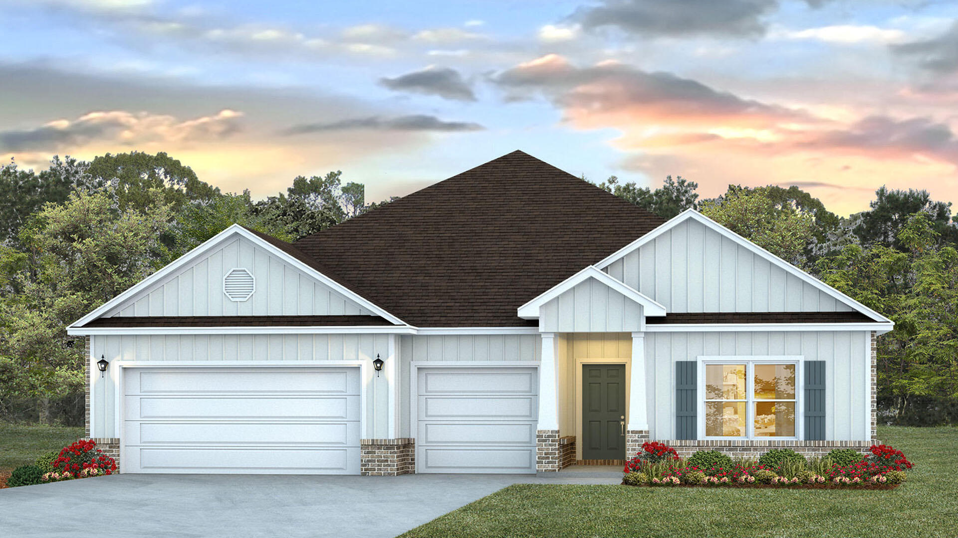 The Camden is a 4 Bed, 3.5 Bath home with a 3 Car Garage. Home features an expansive great room with a formal dining room and a well-appointed kitchen with a dinette. The living space overlooks a spacious covered lanai that is perfect for extending entertaining space outdoors. This single-story plan features two bedrooms that share a jack-and-jill full bathroom that are located at the front of the home. A multi-generational living space, bedroom and full bath is located beyond the powder bath and laundry room. The primary bedroom with an ensuite bath is located on the back of the home for privacy, offering beautiful views of the backyard. This home includes quartz counter tops, whirlpool range, microwave, and dishwasher.
