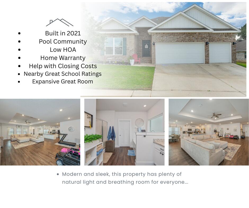 *VA Assumption 3.375%*2021 NEW BUILD - SOUTH CRESTVIEW*$8000 CLOSING!! * ALL APPLIANCES INCLUDING WASHER/DRYER*BLINDS*PROFESSIONALLY CLEANED AT CLOSING*HOME WARRANTY PROVIDED. MAKE AN OFFER...It's spacious & known as the Destin plan; its covered patio is perfect for the summer & the seller's upgrade of an outside fire pit for the fall/winter months just makes sense. There's a spacious 3 car garage, community pool & more!Tray ceilings with crown molding adorn the inside of the home along with beautiful granite countertops and stainless-steel appliances, a smart home system, walk in generous sized rooms & closets.Schedule your walkthrough today!!