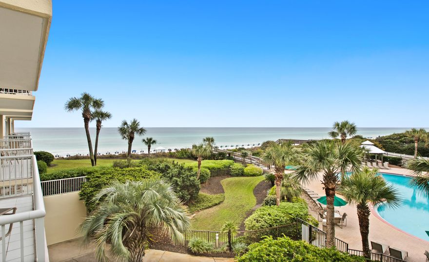 A truly beautiful and rare 3 bedroom unit at The Crescent, a 68 unit property, conveniently located in Miramar Beach.  You can see the sandy beach from this location! This stunning unit has many modern touches, giving the condo a calm, beachy, and elegant atmosphere. Attractive beadboard wainscoting, wall mounted TVs in all bedrooms and living room, upgraded LVP flooring in bedrooms, and elevated guest bathrooms lend to the contemporary feel of this stylish unit.  Master bath includes a custom tile shower, separate garden tub, granite countertops, and guest baths have quartz countertops and upgraded tub showers.  Step onto the inviting outdoor living area that is your private balcony, with plenty of comfortable seating for your enjoyment.  Unit grossed $67,000 in 2023 with Blue Swell.