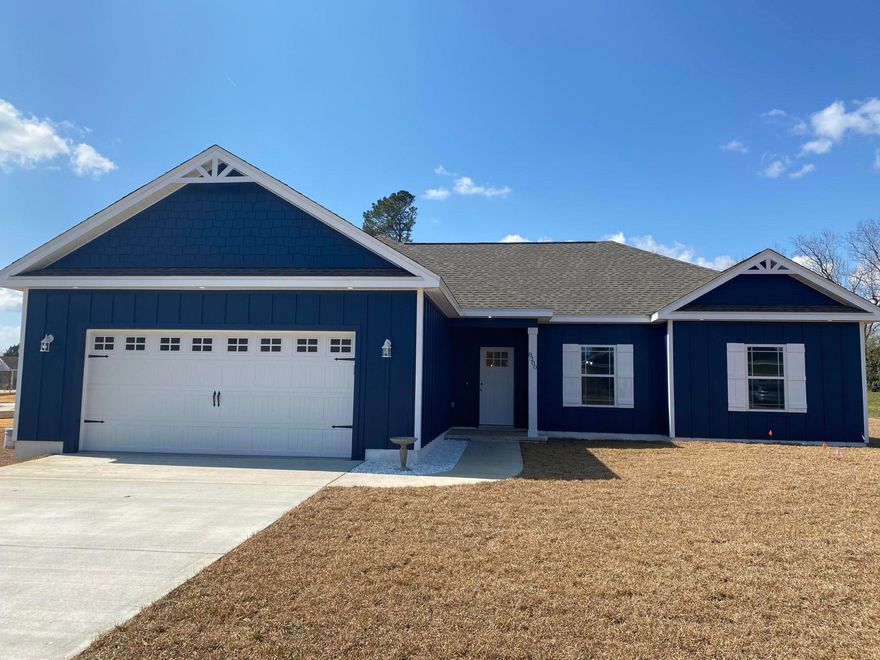 Ready to close 2/28. NEW Construction! 3 bedrooms, 2 full baths. Covered front and back porches. Luxury vinyl plank flooring in entire home, no carpet. Granite countertops and solid wood cabinets throughout. All stainless appliances, farmhouse sink. Master has HUGE walk in shower, no tub. Tray ceilings in living room and master bedroom. All cased windows and doors. Large laundry room with pantry. Over half acre lot corner lot.