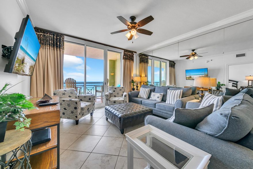 Azure Unit 410 is your turnkey 3 bed, 3 bath condo on Okaloosa Island! It conveys fully furnished and ready to shine as a primary home, second home, or short-term rental (Airbnb/VRBO). The direct views of the Gulf of America and beautiful white sand beaches from the spacious balcony are simply hard to beat. This freshly painted property offers 9-foot ceilings, granite countertops, tile flooring throughout, and stainless steel appliances. The master suite has direct balcony access, a whirlpool tub, and a double vanity.  The two additional bedrooms feature private bathrooms as well. Azure Condo amenities include two pools (one heated), two hot tubs, a fitness center, direct beach access, covered parking, and it's a short distance to the Boardwalk or the Gulfarium. Call today for a showing!