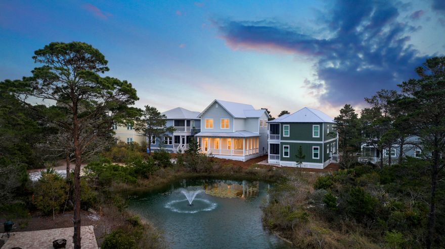 Come and be a part of a truly special community in 30A in sought-after Highland Park. Just hop in the golf cart and head to the beach. A Jason Floyd and Baker Design collaboration, this 2,945 sq ft, 4 bedroom, 4.5 bathroom home is the best of the best; custom designed from top to bottom. The home features a double Master plan with one Master upstairs and the other down below. Both Masters have their own private balconies that face the beautiful lake view. Meticulously designed, this house boasts custom everything: custom tile work, custom cabinets, designer lighting fixtures, designer plumbing fixtures, top of the line appliances, solid wood floors, and 12 ft high ceilings downstairs. The home is also wired for security system and audio/visual equipment. Come enjoy all the amenities!