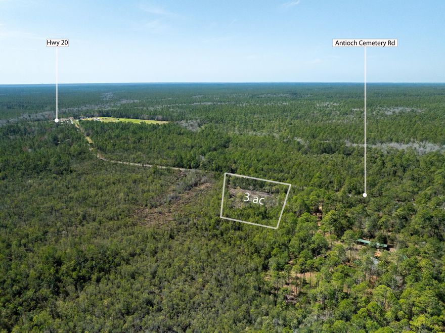 Rare Find!! 3 Acre Value under $100K w/paved Rd offering out-of-way spot, just 3.5 miles outside the city of Freeport FL. Put your pole barn & equipment or grow your garden here with the convenience of town in close proximity.Property is off Highway 20 on Antioch Cemetery Road. Though the property is officially listed with a Ponce De Leon address, it is actually located just 3.5 miles west of Freeport, making it a fantastic investment in a rapidly growing community.This partially cleared parcel is zoned General Agricultural, offering a wide range of possibilities whether you envision building your dream home, starting a small farm, or making a strategic investment.Property is primarily in Flood Zone X, w/only a small section of Flood Zone A (wetlands) in the SW corner, minimizing flood risk while still offering natural beauty.

While utilities are not yet present, the land has been recently surveyed, providing a head start on development plans.

Conveniently located with easy access to I-20 and the pristine Beaches of South Walton, this property is also near an array of shopping, dining, and entertainment options. The tranquil setting makes it an excellent choice for those seeking privacy, space, and convenienceall within reach of modern amenities.

Whether you're looking for a homesite, investment property, or peaceful retreat, this land is full of potential. Don't miss this rare opportunity to own a piece of Freeport's exciting future!

Seller has existing survey.  

Buyer needs to verify building codes, zoning regulations, wetlands & flood zones, etc with proper local authorities to ensure buyer will be able to utilize the property for intended use.  Lines drawn on Aerial photos are for estimation purposes only. 