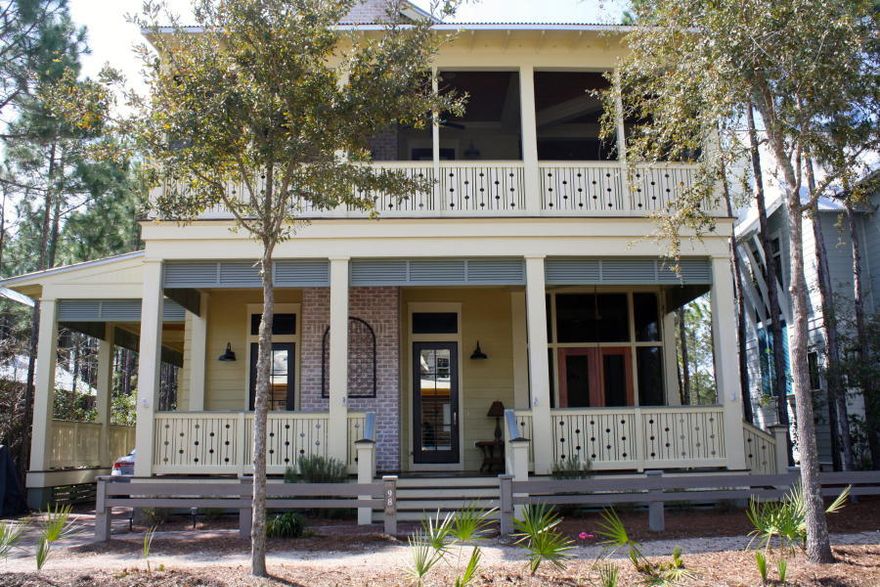 BEST PRICED 5 BR HOME IN WATERCOLOR w/ 4.5 baths in over 3000 sq ft. The 5th bedroom is a 3rd floor BUNK ROOM with full size bed and 4 built-in bunk beds. The first floor has 12' COFFERED CEILINGS with an OPEN LIVING/DINING AREA. There is a gas FIREPLACE and GOURMET KITCHEN with stainless steel appliances, separate ice maker and wine cooler. There is also a FIRST FLOOR GUEST SUITE with en-suite bath and SCREENED PORCH on the private 'preserve' back yard w/ room for pool & patio. Convenient to CARPORT is a half bath, laundry, WET BAR & Butler's pantry. The MASTER SUITE is on the 2nd floor and has it's own PRIVATE SCREENED PORCH. The MASTER BATH has SOAKING TUB, SEPARATE SHOWER & DOUBLE GRANITE DIVIDED VANITIES. There are 2 GUEST suites & a wrap-around