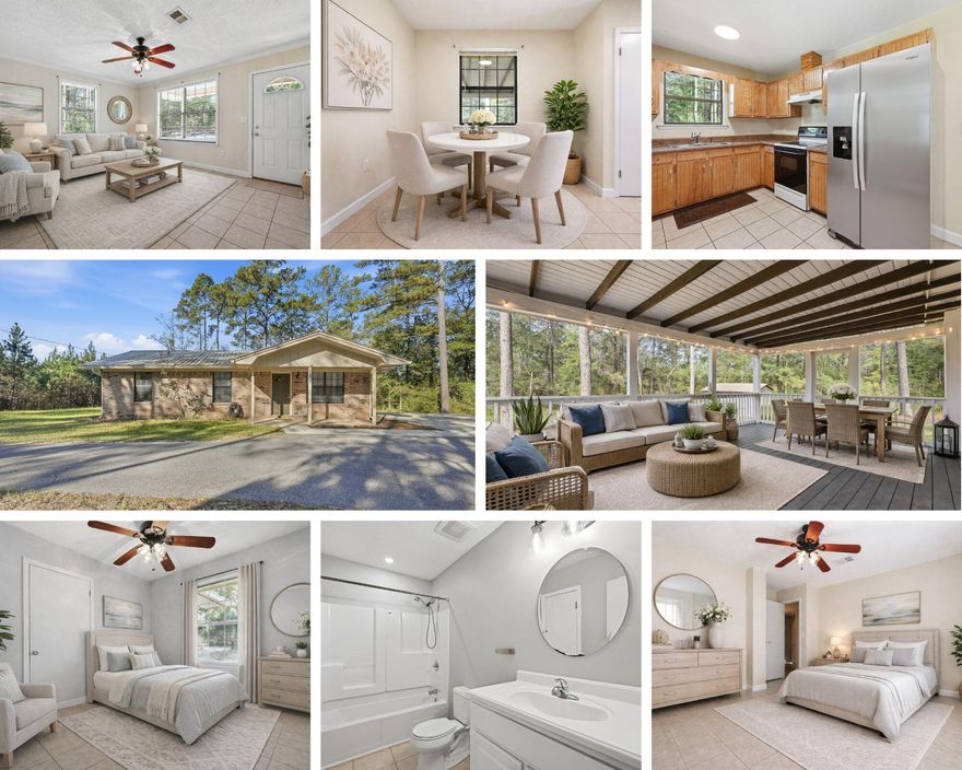 Country living at its best! If you're looking for the perfect starter home or a place to downsize, this charming property is a must-see. This well-maintained 3-bedroom, 1-bathroom home offers 1,032 square feet of comfortable living space and sits on a beautifully cleared 1-acre lot, providing plenty of room to enjoy peaceful outdoor living.Originally built in 1988, the home was completely renovated in 2015 and has been lovingly cared for by only one owner since the renovation. The property features a massive 20x9 covered and screened-in back deck, perfect for relaxing, entertaining guests, or enjoying quiet evenings overlooking the spacious backyard.Additional upgrades and features include a circular asphalt driveway, oversized parking pad, sidewalk, front and back seamless gutters, NEW HVAC system, Metal roof, indoor laundry room, tile throughout the home, and a new well tank, and more... providing both comfort and peace of mind. 
Enjoy the quiet country setting while still being conveniently located just a short 15-minute drive from downtown DeFuniak Springs, giving you easy access to shopping, dining, and everyday amenities.