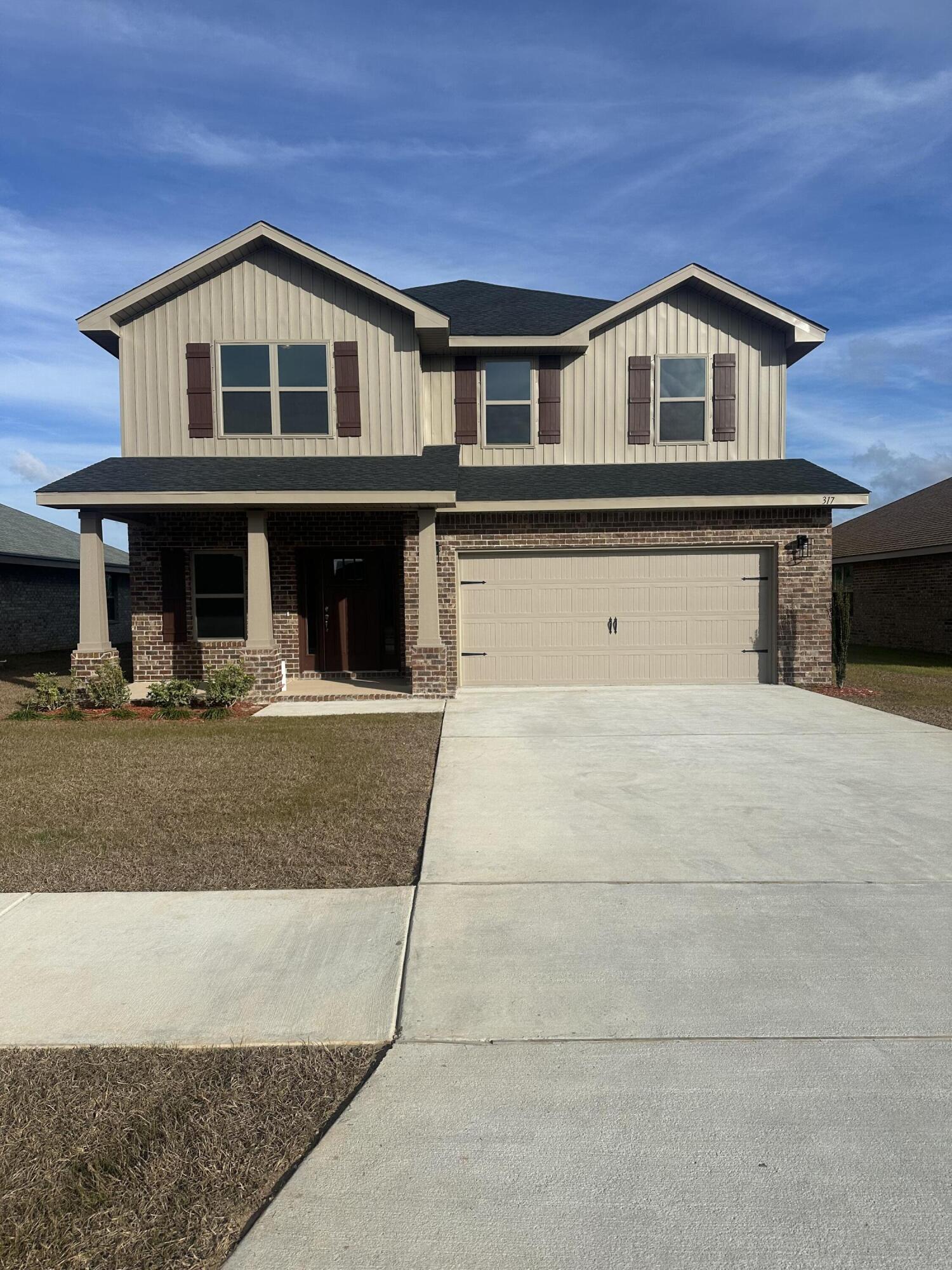 This 3030 sq ft 2 story home is by far a customer favorite! It offers so much for families, friends, homeschoolers, and entertaining! It has 5 bedrooms, 3 and a half bathrooms, a bonus room and a loft area which would make the perfect home office. This home is a definite must see. It's a 4-sided brick home, comes fully sodded with landscaping, irrigation, 2 car finished automatic garage, irrigation, covered front and back porch, and a community pool! Some upgrades that are being added to this home include craftsman style elevation, granite countertops in kitchen and bathrooms, upgraded LVP flooring everywhere with carpet only in bedrooms and on the stairs and a separate walk-in shower and garden tub in the master bathroom. Located in North Crestview!