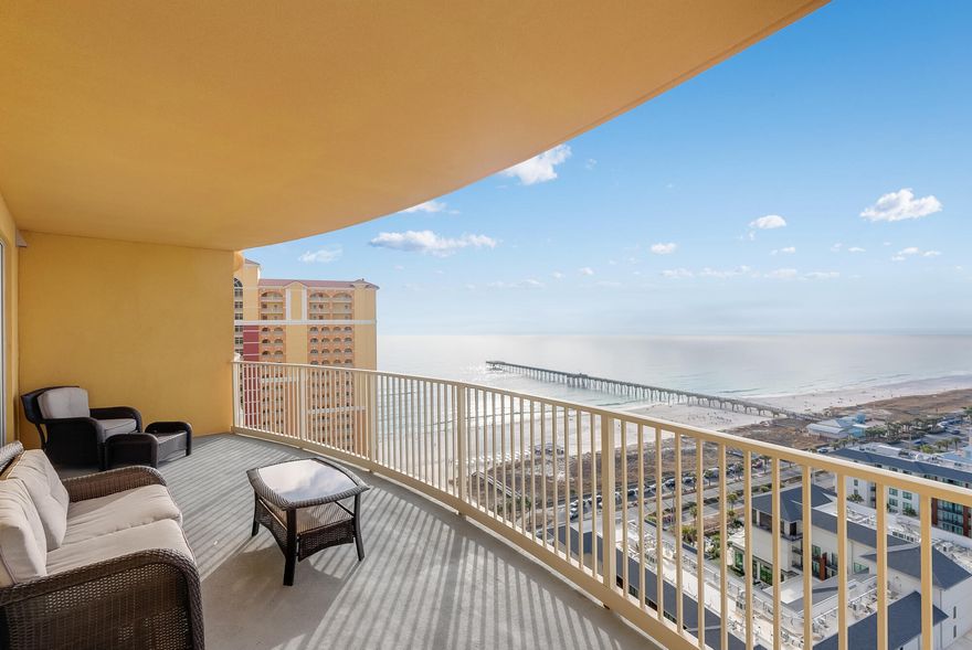 Experience the perfect blend of elegance, convenience, and breathtaking beauty with this pristine, never before rented 3 bedroom, 2 bathroom condo on the 20th floor of Calypso Tower III. Offering expansive, unobstructed Gulf views, this meticulously maintained home presents an exceptional opportunity as a vacation retreat or a high performing rental investment. Located on the serene west end of Panama City Beach, Calypso Resort is ideally situated adjacent to Pier Park, giving you immediate access to premier shopping, dining, entertainment, and year round events. From your private balcony, you'll enjoy panoramic views of the Gulf, and during the holidays, marvel at the surrounding fireworks displays over Pier Park. Step inside this sophisticated condo to discover an open-concept living area and a fully equipped kitchen, complete with elegant quartz countertops, GE stainless steel appliances, and a breakfast bar perfect for entertaining. The spacious living room leads to the oversized private balcony, offering the ideal spot for relaxation and enjoying stunning sunsets over the emerald waters.
Calypso Tower III offers an array of resort-style amenities, including a Lagoon-style zero-entry pool (heated during cooler months), a spacious hot tub, nine private rentable cabanas, two tiki bars, the Emerald Hub bar & grill, fire pit and lounge areas, a large fitness center, and an on-site restaurant and caf??. Whether you're looking to unwind, socialize, or stay active, everything you need is right at your fingertips.