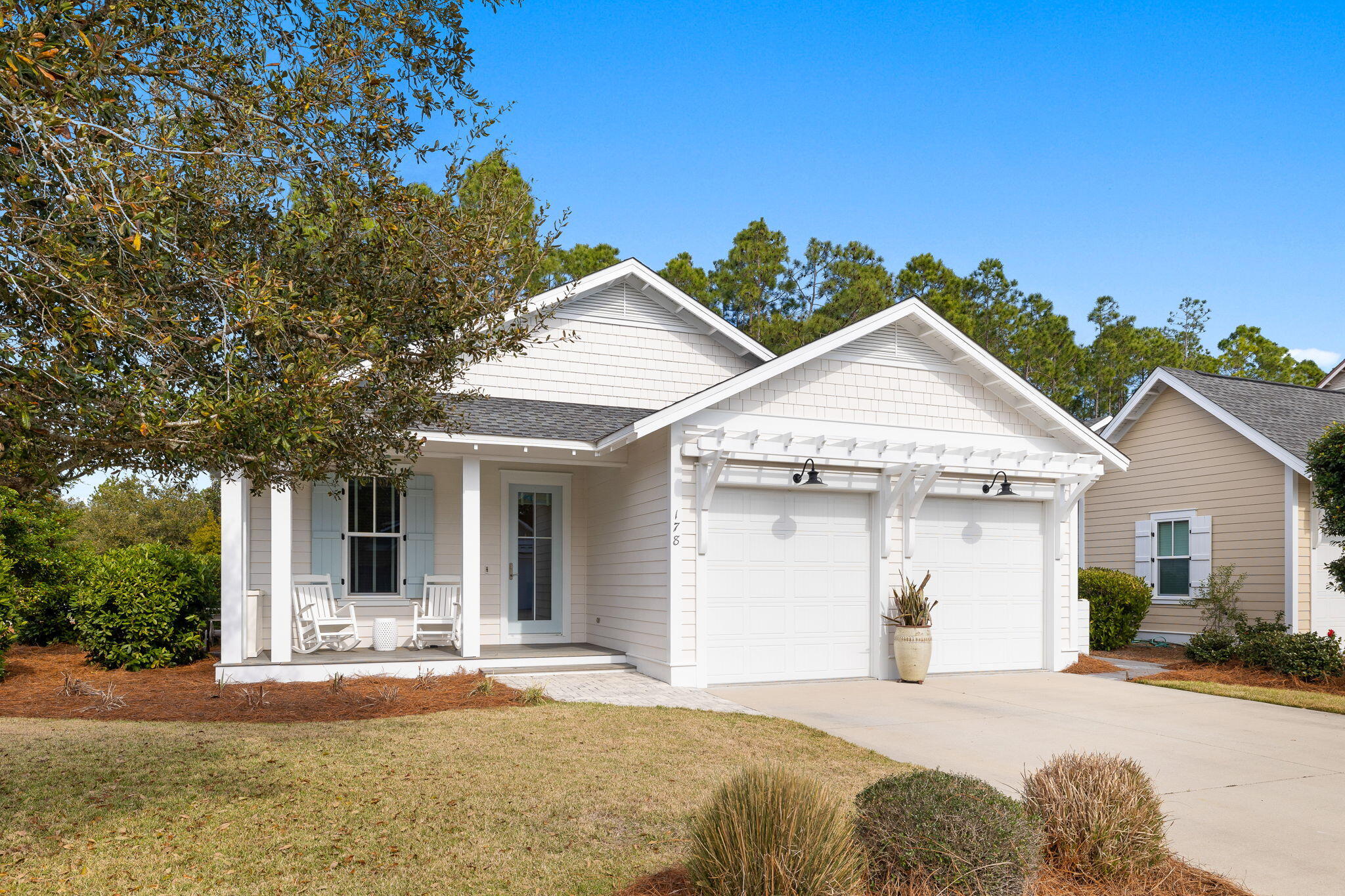 Immaculate 1 story Bayberry by Huff Homes situated on a corner lot. 3 beds PLUS OFFICE...Office could be 4th Bedroom w/doors added. Open floor plan w/9' Ceilings throughout & fireplace in the Family Room; Lots of extras: thick crown molding, quartz countertops, Wolf range, Dry bar, all closets include wood built-ins; plenty of storage! Spacious Primary Room w/en suite features: double vanity sinks, walk-in shower, soaking tub & an oversized closet. Relax on the Screened Porch or Paver Patio & fenced backyard that overlook a walking path surrounded by pines.