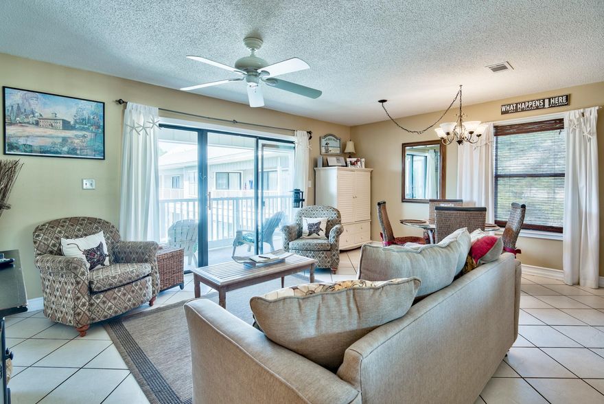 This 3rd floor end unit is private with a beautiful pool view, being sold completely furnished, custom kitchen cabinets, granite countertops, extremely well maintained. Much of the interior is only a couple of years old including built-in bunks, toilets, built-in master closet, refrigerator, and carpet in bedrooms. Spacious covered porch overlooking the pool. This unit also has a separate laundry room inside. 4 minute walk to the beach, quick access to Publix, bike rentals, shopping and dining. Beach access is just across the street. Tom Thumb is next door. Seaside is just to the West minutes by bike or car. The building repainted this year. Beachwood Villas has lush tropical landscaping, multiple grilling areas, shuffleboard, heated pool, tennis courts. Information deemed reliable but not
