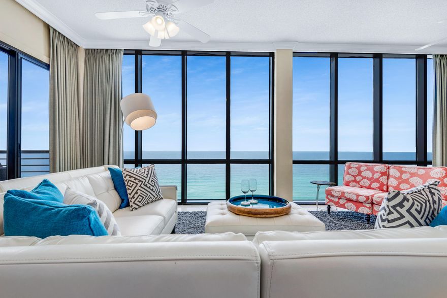 Panoramic gulf views from the floor-to-ceiling windows throughout this immaculate 14th floor penthouse. This spacious beachfront condo offers three king master suites, all with updated ensuite bathrooms.  Each suite provides sweeping views of the Gulf or the Choctawhatchee Bay. The master bath features a walk-in closet, double vanity, seamless shower and a soaking tub. This is a great investment opportunity with gross rental income of +$139K YTD. Notable features include: 10' ceilings, two private balconies overlooking the Gulf, an attractive wet bar with mini-fridge and icemaker; stainless appliances including a Sub-Zero refrigerator. Emerald Towers is a gated community and offers a heated pool, fitness center with sauna and steam room, tennis courts, a private boardwalk to the deeded
