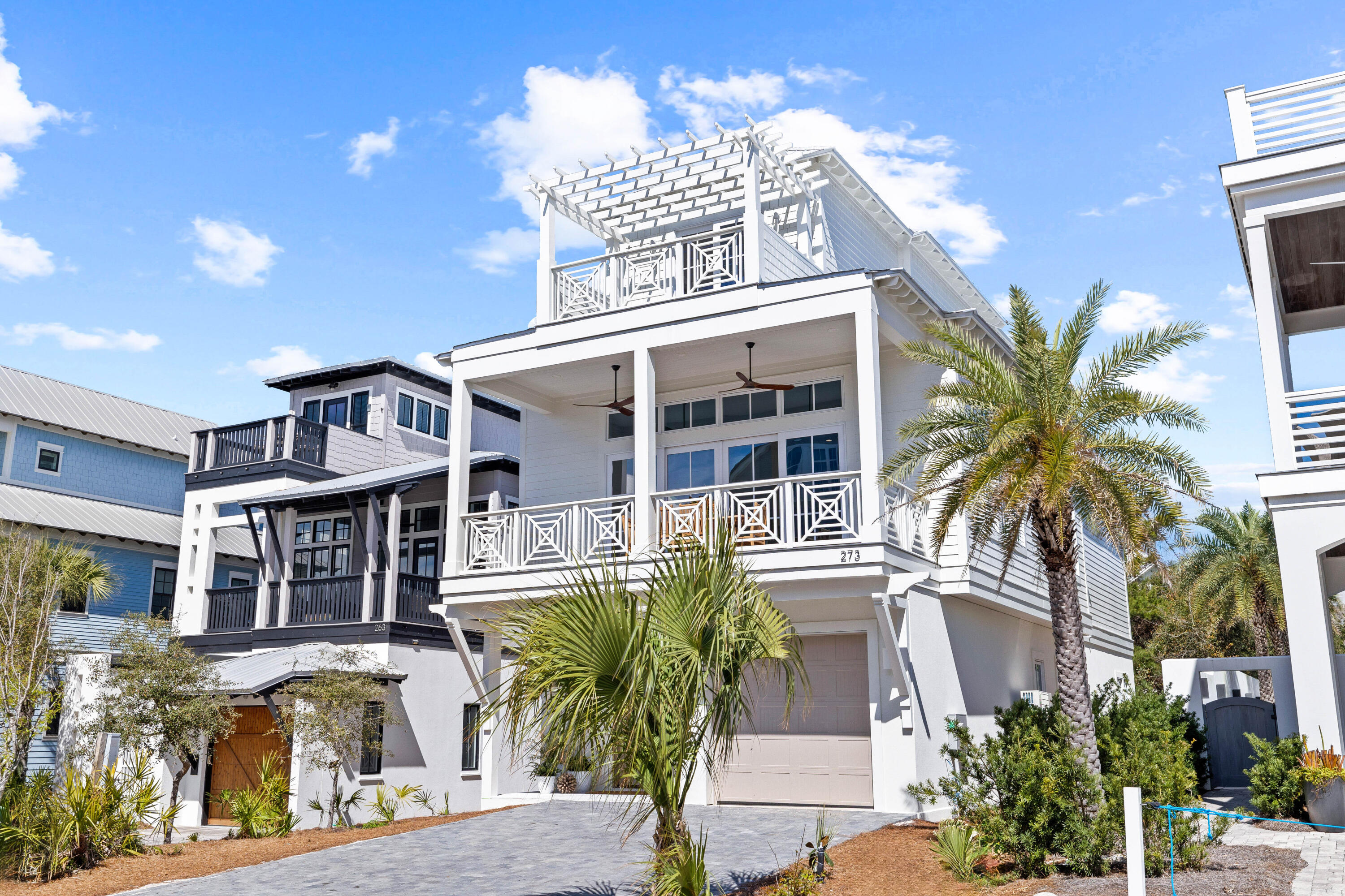 Introducing this new construction home situated in the charming gulf-front community of Barbery Coast, nestled next to Rosemary Beach. Barbery Coast offers a serene neighborhood ambiance with 24 single-family homes. With a private beach and community pool, residents can indulge in a coastal lifestyle steps away. Spanning three stories, this spacious beach retreat encompasses an impressive 3,340 sq.ft of living space. Each level features its own balcony, allowing residents to relish in the refreshing gulf breeze and breathtaking views. The residence boasts 5 bedrooms, along with a generously-sized bunk room that comfortably accommodates 10, and 6 baths. The coastal charm is elevated by hardwood floors, custom tile, and shiplap accents. A coquina shell finished fireplace adds a touch of....