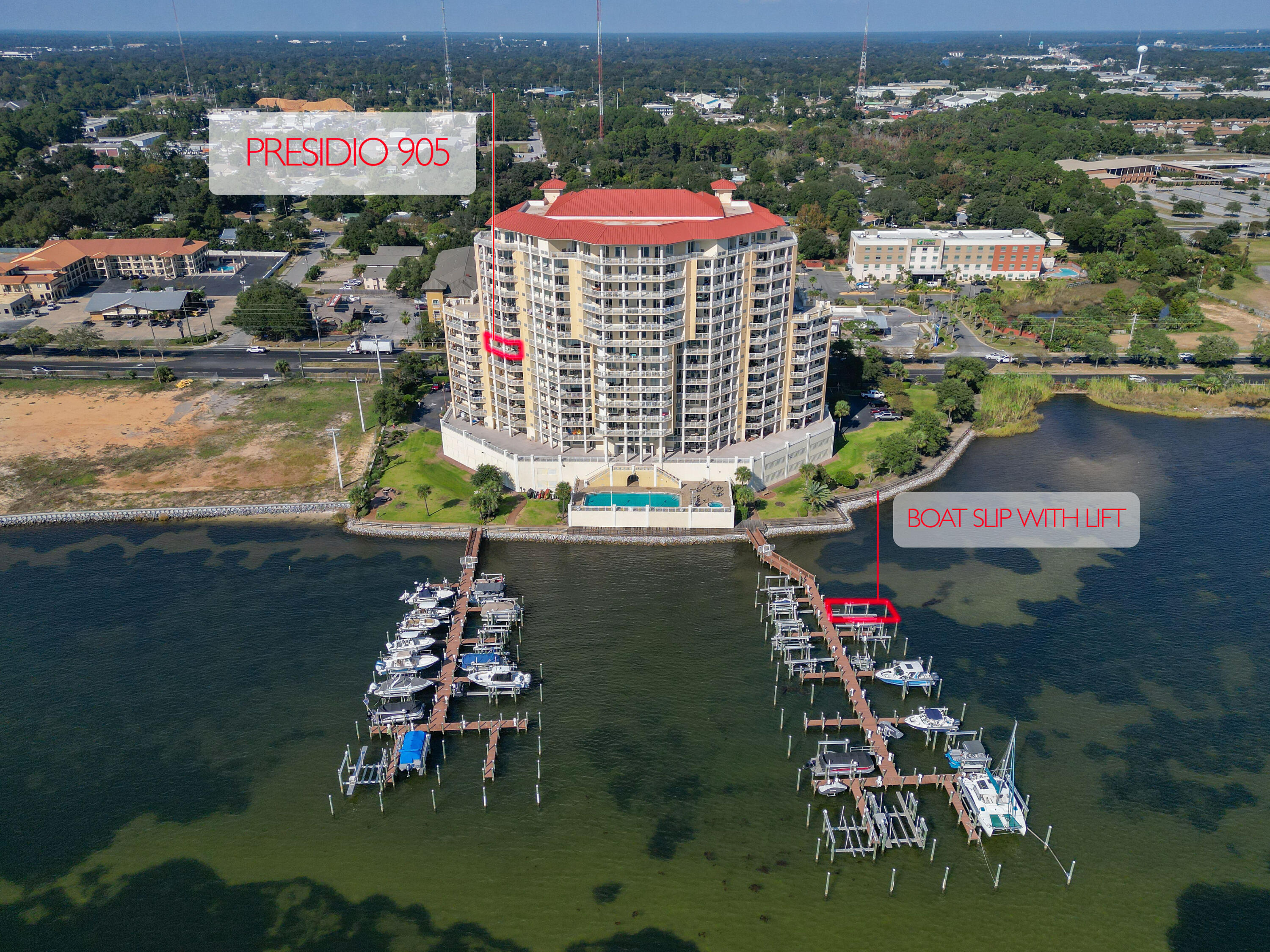 Private deeded boat slip with new boat lift, two covered private deeded parking spots, on site gym, pool and hot tub makes this unit the perfect full-time residence or second home. Welcome to Presidio Yacht Club situated on the beautiful Santa Rosa Sound. This spacious 3 bedroom, 3 bath West facing 9th. floor unit features some of the most spectacular sunset views over the Gulf of Mexico anywhere in the Fort Walton Beach and Destin area. The waterfront primary bedroom features sliding glass doors leading to the balcony, trey ceiling, large walk-in closet, attached bathroom with double vanities, spa tub, private water closet and oversized walk-in shower. The remodeled kitchen flows effortlessly into the family and dining room perfect for large family gatherings all this with gulf views All guest rooms have large closets and adjoining bathrooms. 
Presidio Yacht Club has all the amenities you could ask for a community Pool, hot tub, fitness center, guest quarters, marina and media room just to name a few.