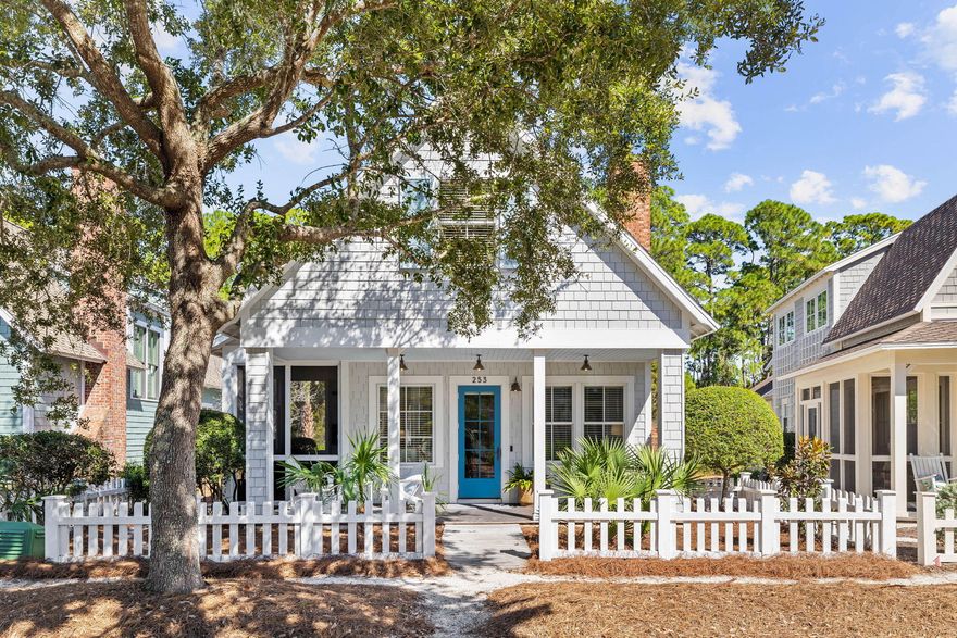 Explore a wave-tossed dune beach shoreline, south of 30A, in the gated community of WaterSound Beach. Welcome to 253 Salt Box Lane, a charming coastal cottage tucked behind a classic white picket fence. This inviting home features two bedrooms, three bathrooms, and an additional loft space--which can easily be enclosed to create a third bedroom (see rendering in the photo gallery).Step inside to discover a thoughtfully designed interior with soaring ceilings, wainscoting walls, and hardwood floors. The open-concept living, dining, and kitchen area is bathed in natural light, thanks to an abundance of windows offering picturesque views of the serene WaterSound landscape. The primary bedroom on the main level enhances the home's practical and comfortable design. A screened-in porch is the perfect retreat for early mornings or rainy beach days, seamlessly blending indoor and outdoor living.
Situated on a generous lot, this home boasts a lush backyard with a grassy lawn, a relaxing pergola, and dedicated parking. Ample space is available to possibly add a detached garage and a small pool, per seller.  WaterSound Beach is a secluded, Gulf-side village boasting more than one mile of white-sand beach along scenic 30A, with majestic oak-lined streets. This community is renowned for its private beach access, stunning coastal dune lakes, rolling white sand dunes and extensive community amenities. Life in WaterSound is enriched with a dog park, a children's play park, a putt-putt course, two swimming pools, a fitness center, and a picnic pavilion. The neighborhood is further enhanced by numerous walking trails and golf cart access to the beach. 

Furnishings and a golf cart are included, making this the perfect turn-key retreat.

Don't miss the opportunity to own a piece of paradiseschedule your private tour today!

